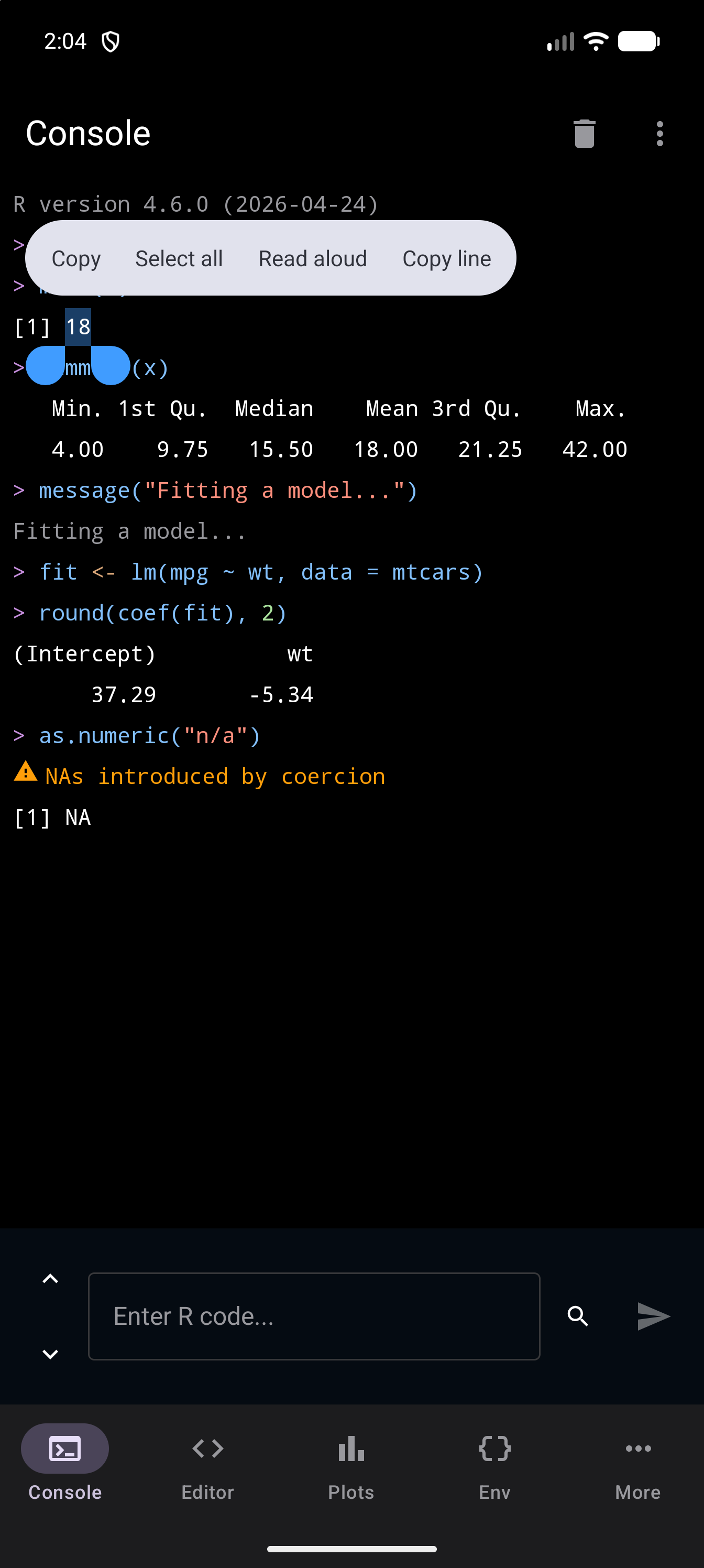 Console output line [1] 18 with 18 selected between two handles, and the text menu above it showing Copy, Select all, Read aloud and Copy line, in dark mode