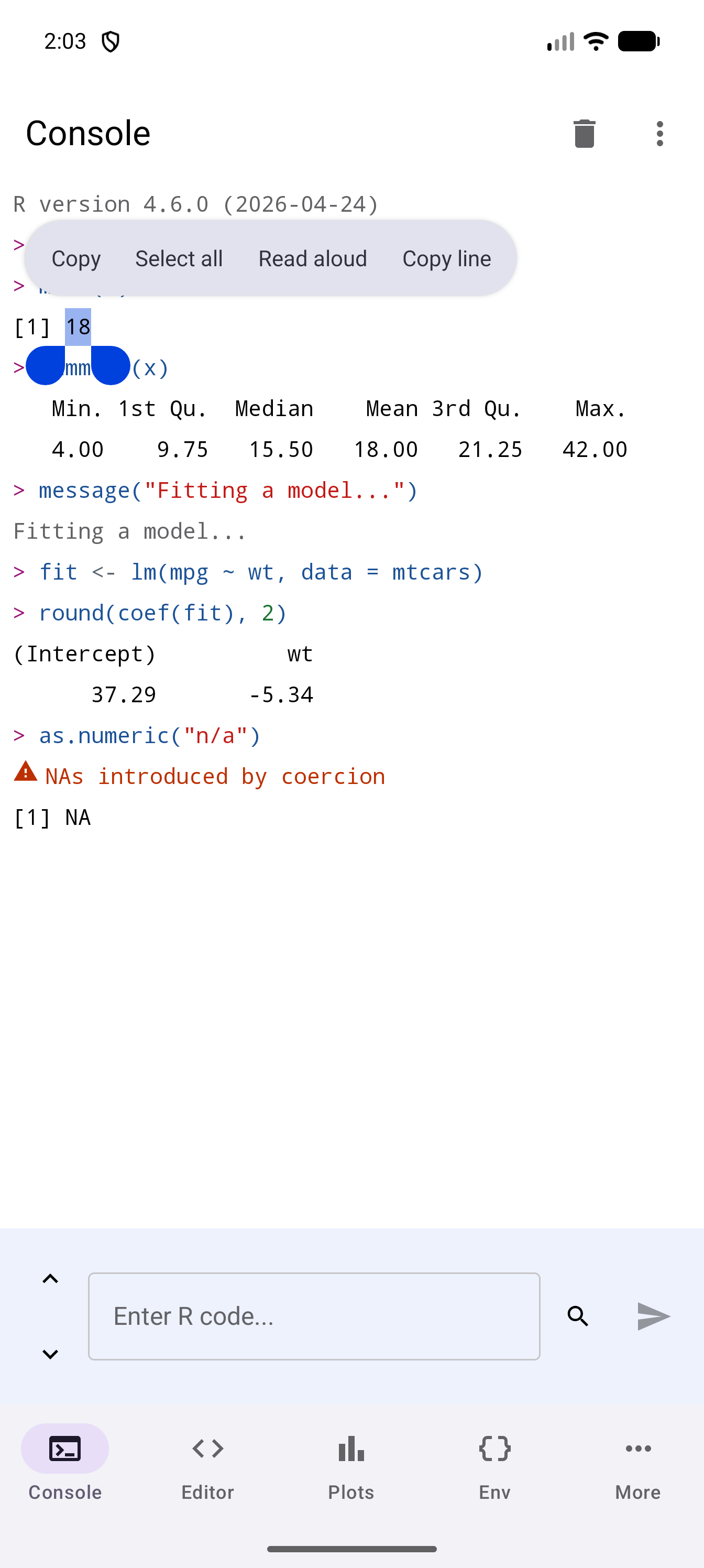 Console output line [1] 18 with 18 selected between two handles, and the text menu above it showing Copy, Select all, Read aloud and Copy line