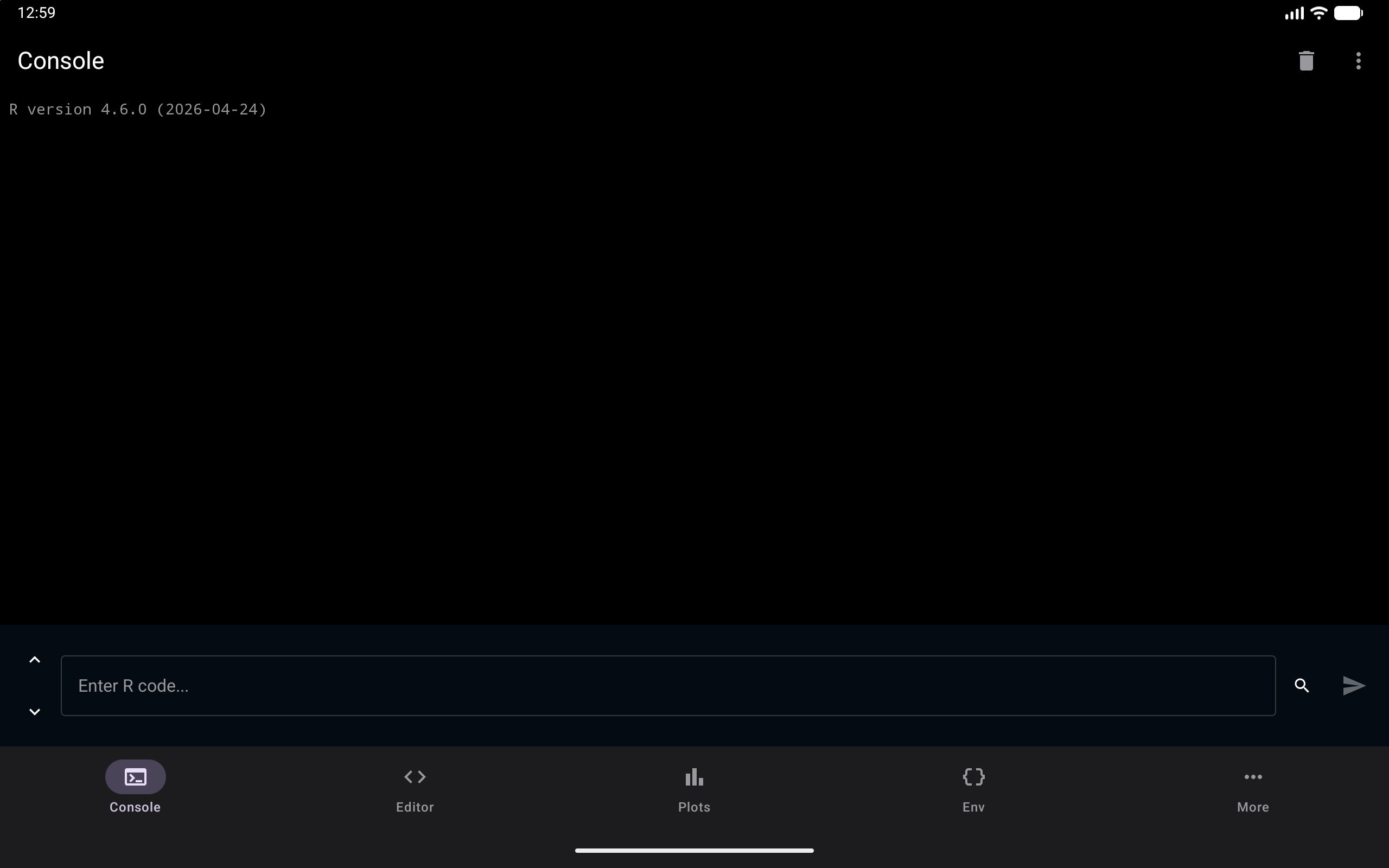 Empty console ready for input, on a tablet, in dark mode