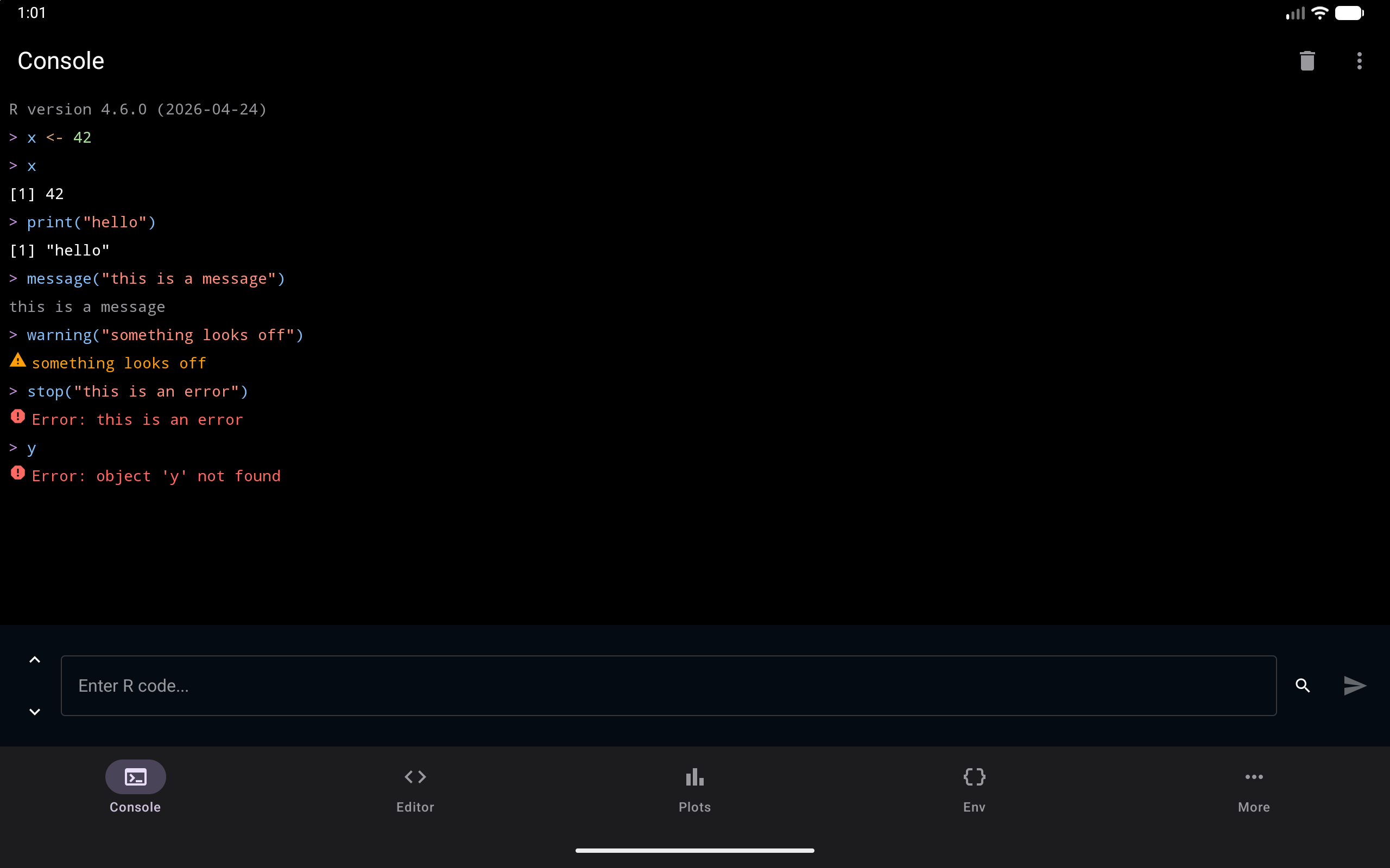 Colour-coded console output on a tablet: input, return values, messages, warnings and errors, in dark mode