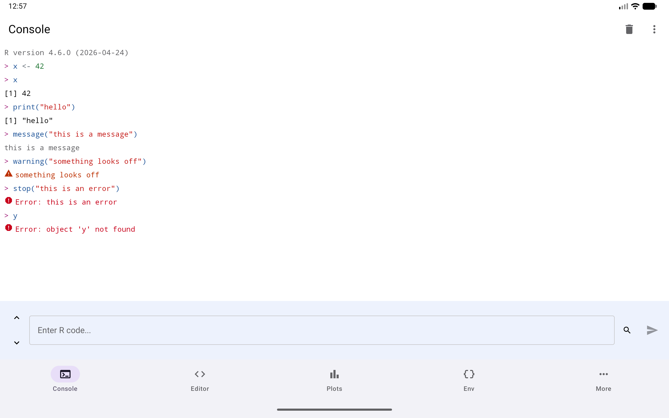 Colour-coded console output on a tablet: input, return values, messages, warnings and errors