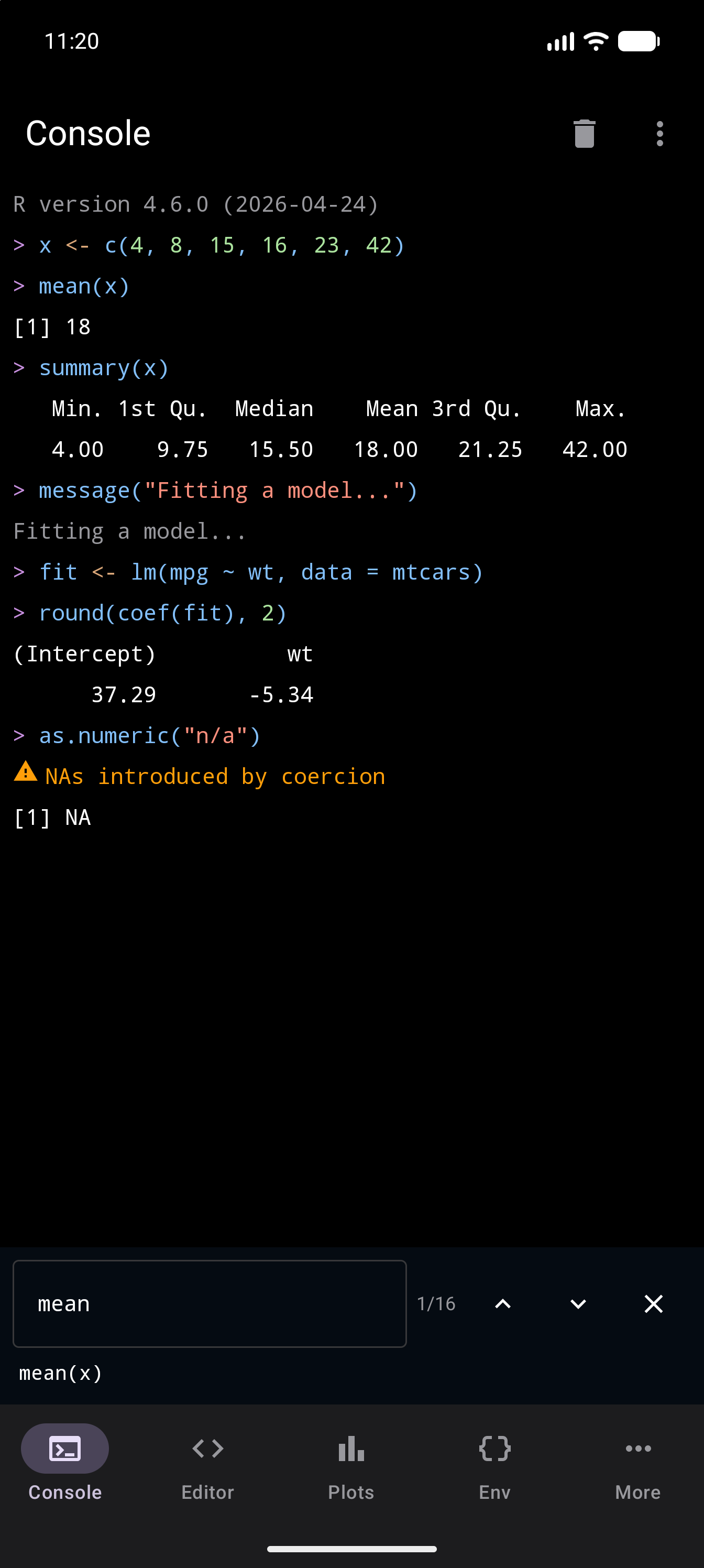 Console history search bar in place of the input, with mean typed, a count showing the first match, up and down match buttons and an X, and the current match, mean(x), shown under it, in dark mode