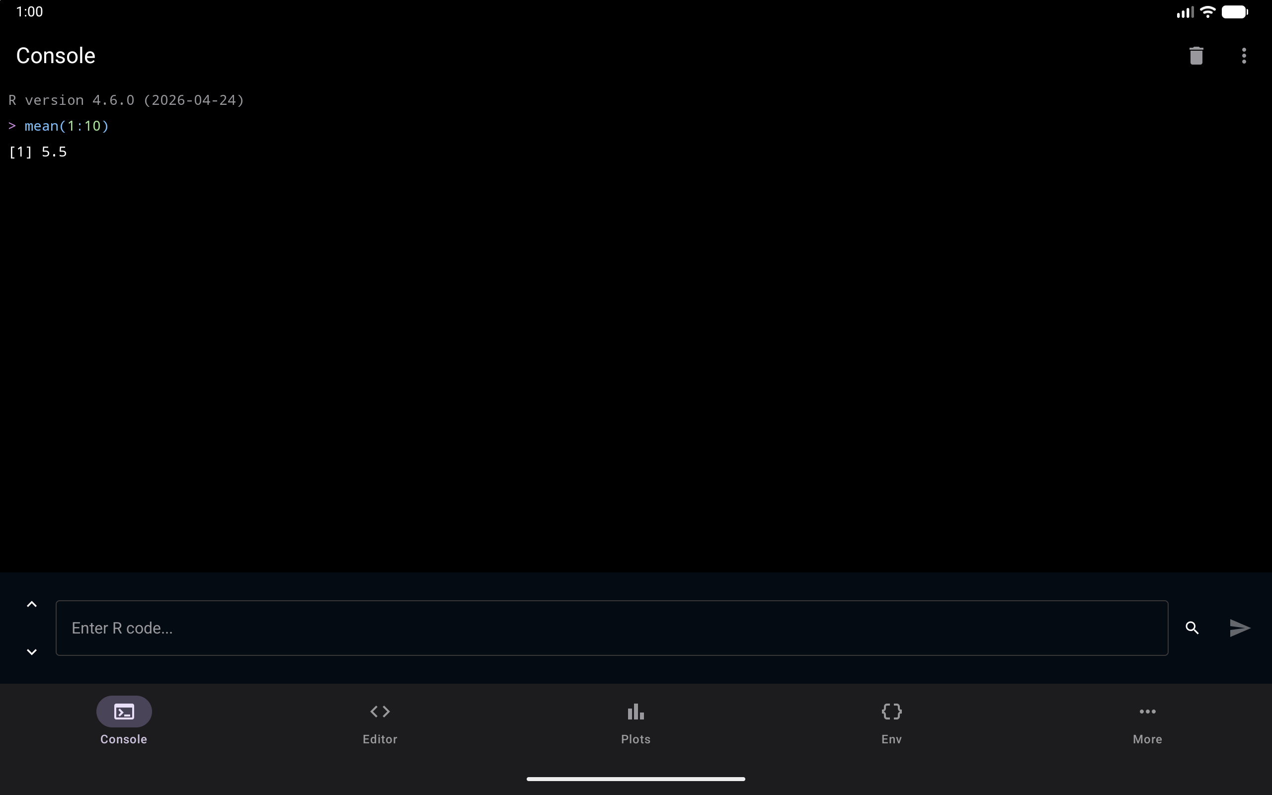 Console showing the mean(1:10) result, on a tablet, in dark mode