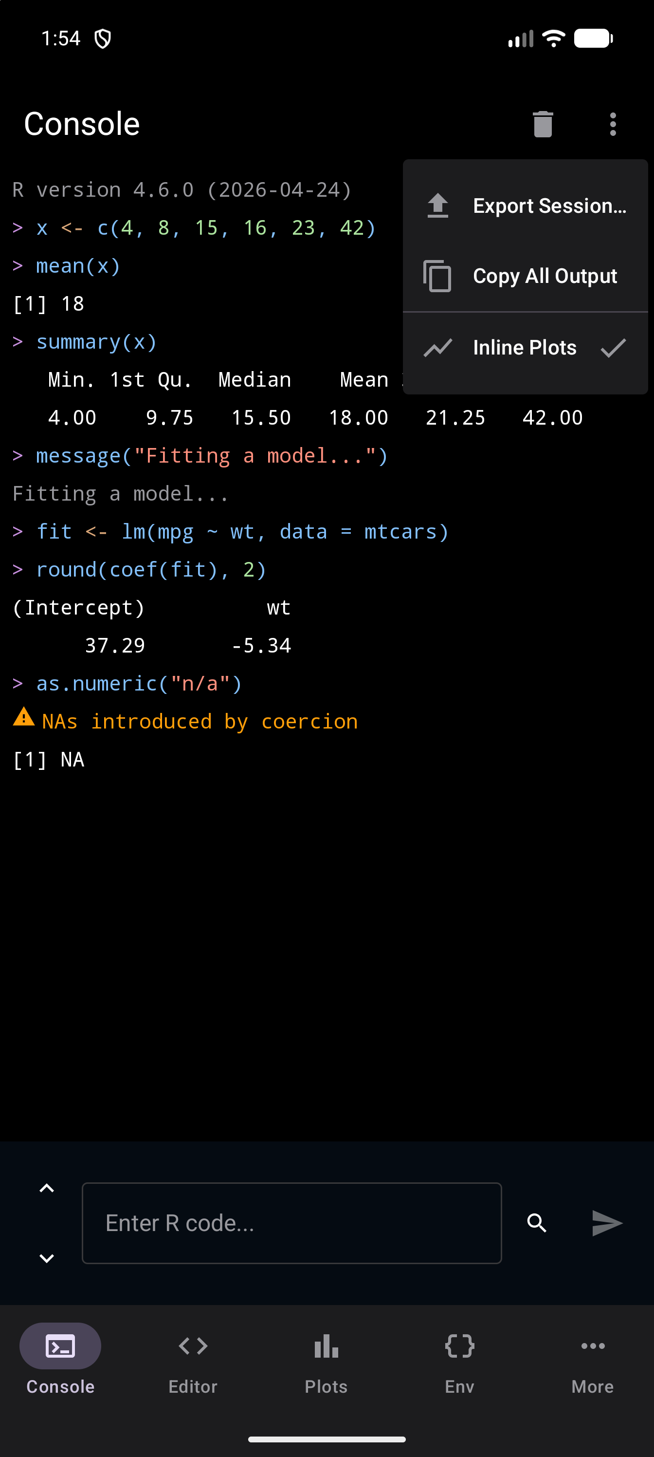 Console with its three-dot menu open over some output, showing Export Session, Copy All Output, and Inline Plots with a check mark, below the trash icon and the menu button in the title bar, in dark mode