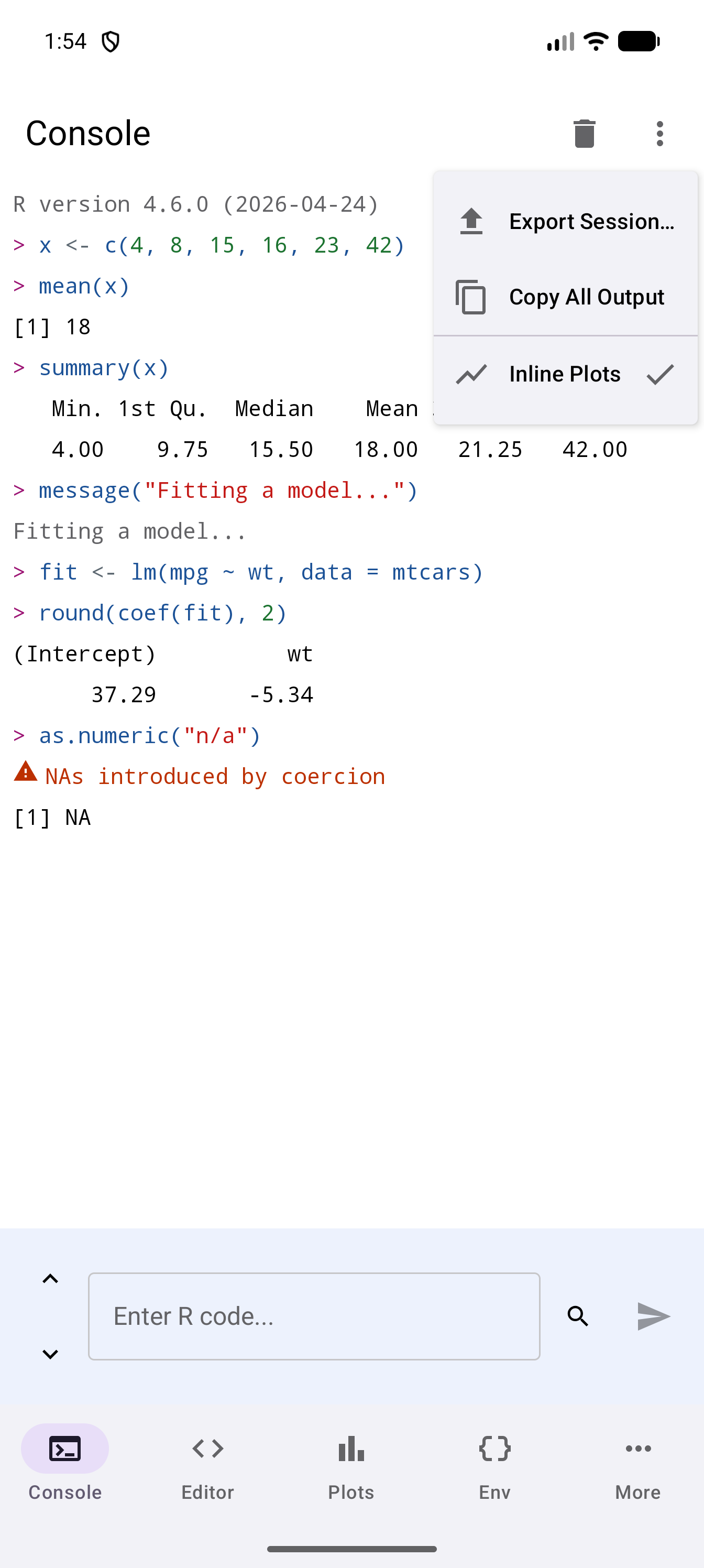 Console with its three-dot menu open over some output, showing Export Session, Copy All Output, and Inline Plots with a check mark, below the trash icon and the menu button in the title bar