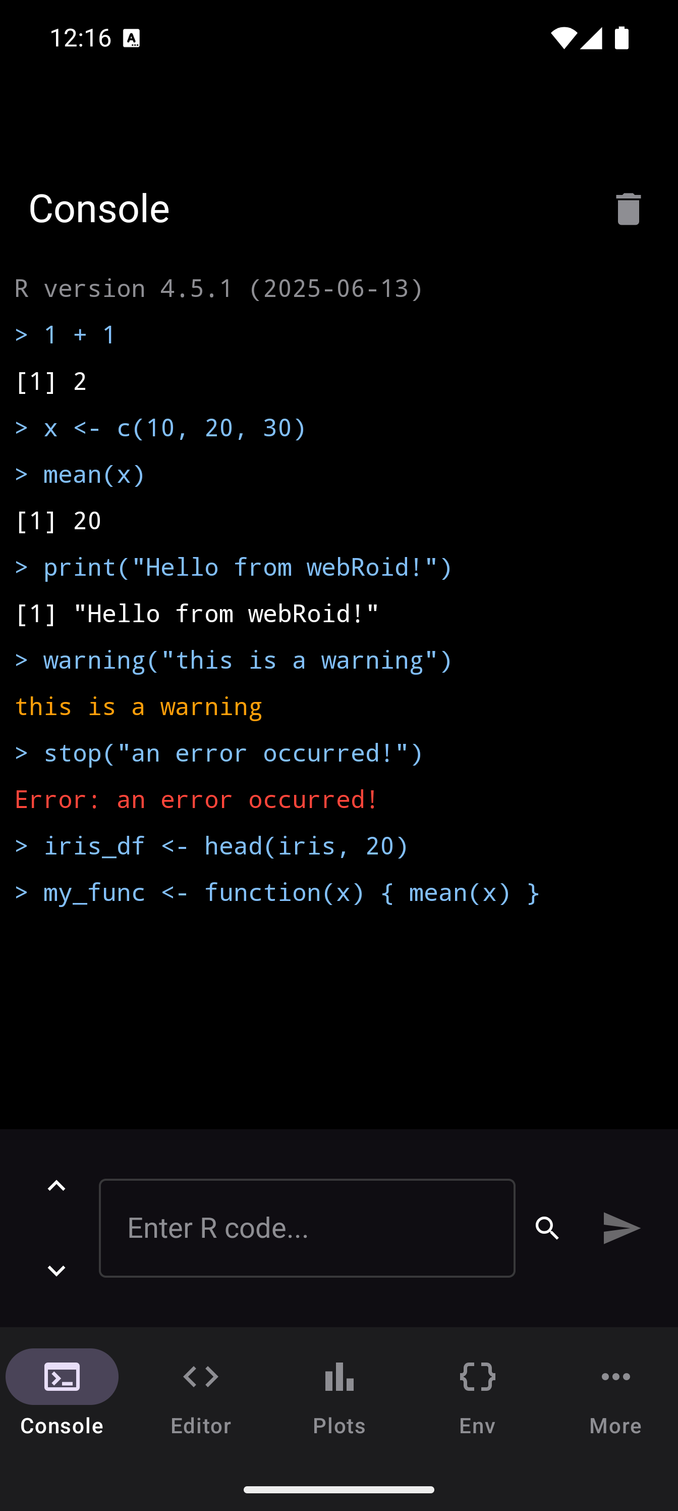 Console showing R commands and colored output in dark theme
