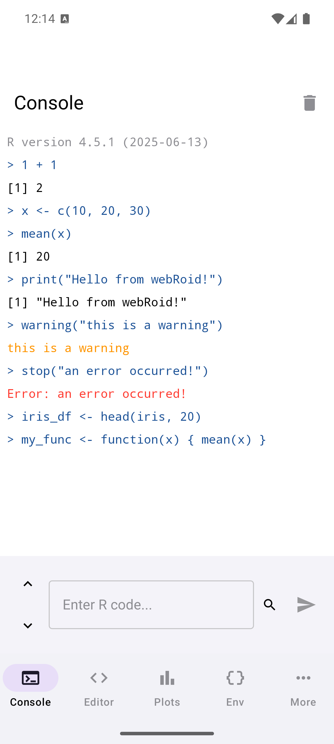 Console showing R commands and colored output in light theme