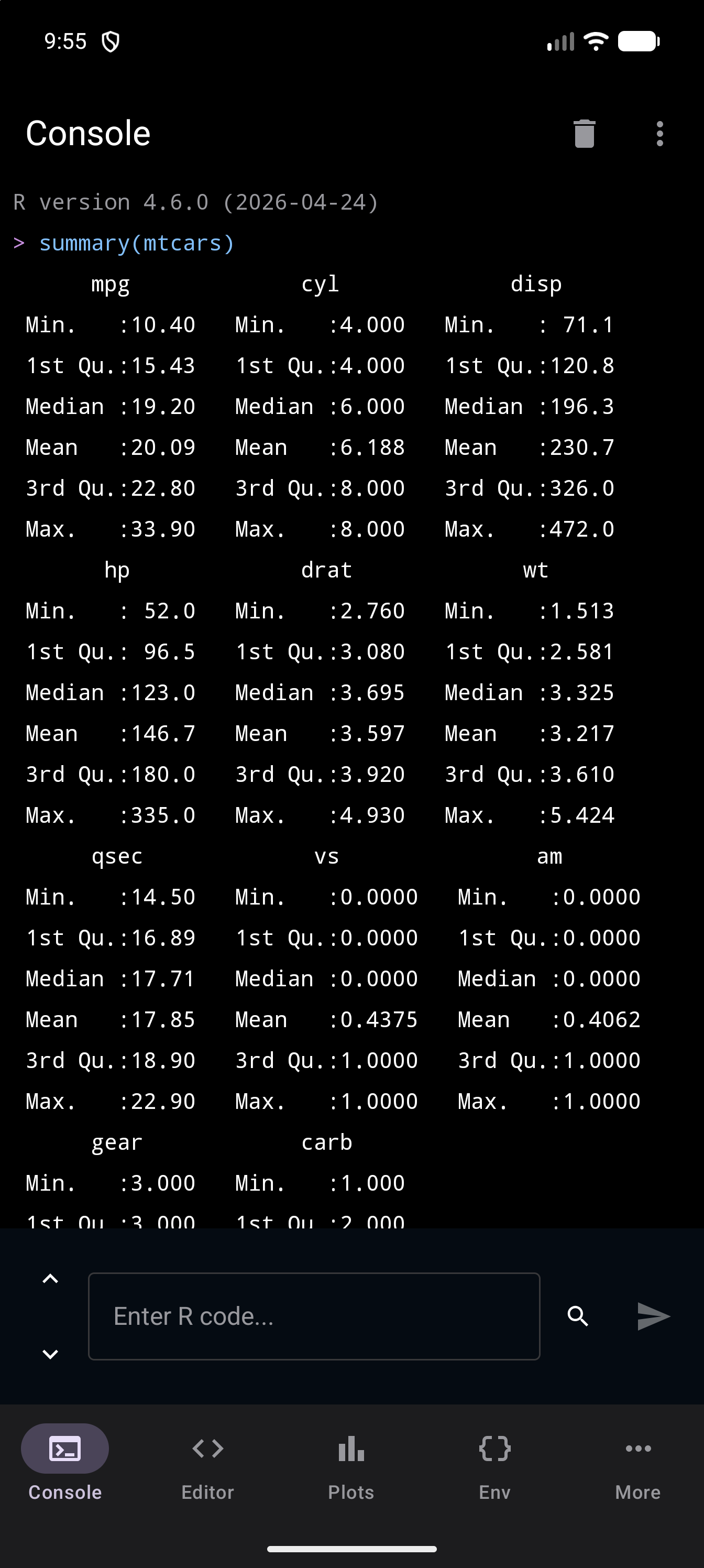 Console on a phone held upright after running summary(mtcars), scrolled back to the command at the top. The table below it is printed three columns to a block, one block under another: mpg, cyl and disp, then hp, drat and wt, then qsec, vs and am, with gear and carb starting at the bottom, in dark mode