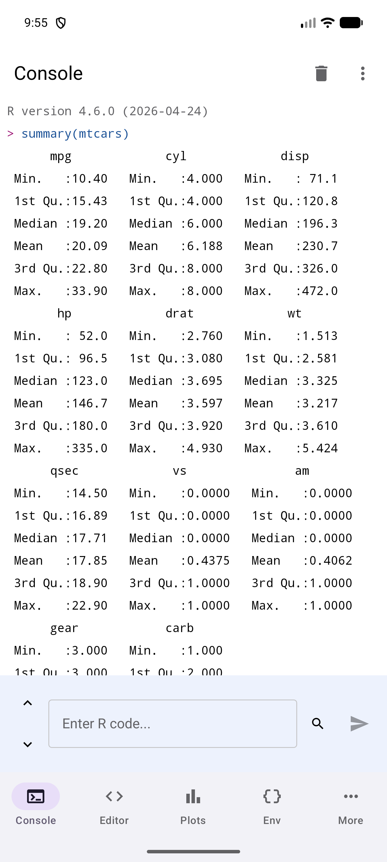 Console on a phone held upright after running summary(mtcars), scrolled back to the command at the top. The table below it is printed three columns to a block, one block under another: mpg, cyl and disp, then hp, drat and wt, then qsec, vs and am, with gear and carb starting at the bottom