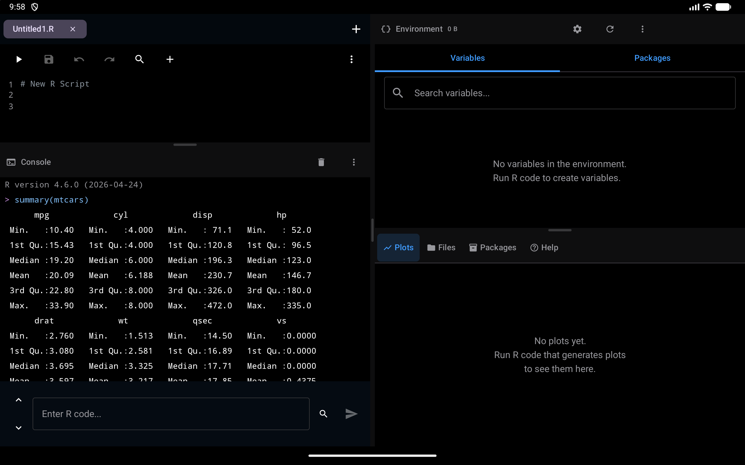 The Workspace on a tablet after running summary(mtcars) in the Console pane, below the Editor pane on the left. The pane is half the screen wide, so the table is printed four columns to a block: mpg, cyl, disp and hp, then drat, wt, qsec and vs, in dark mode
