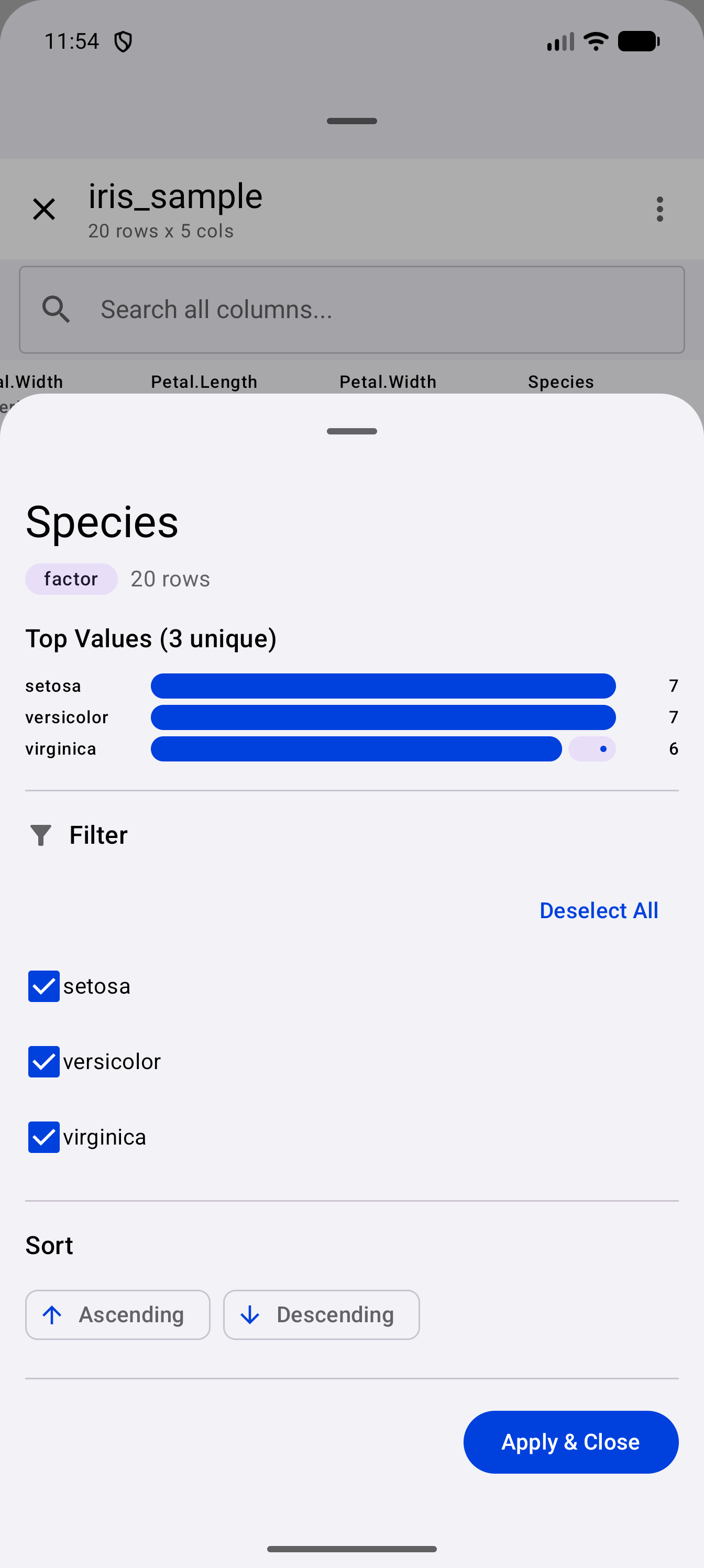 Column detail sheet for the Species factor column, showing 20 rows, Top Values (3 unique) with bars for setosa 7, versicolor 7 and virginica 6, a ticked checkbox for each species with a Deselect All button, the sort chips and Apply & Close