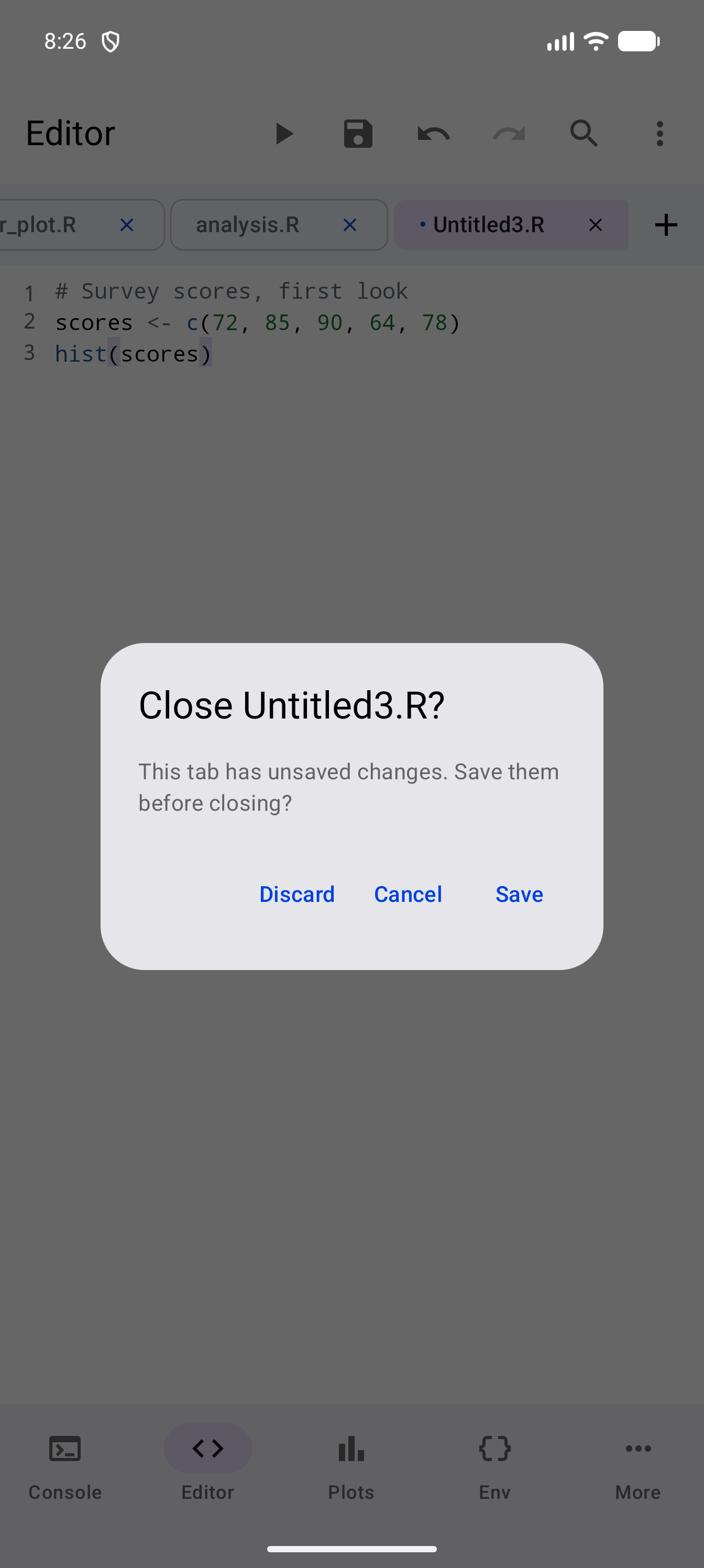 Dialog asking “Close Untitled3.R?”, saying “This tab has unsaved changes. Save them before closing?”, with Discard, Cancel and Save buttons