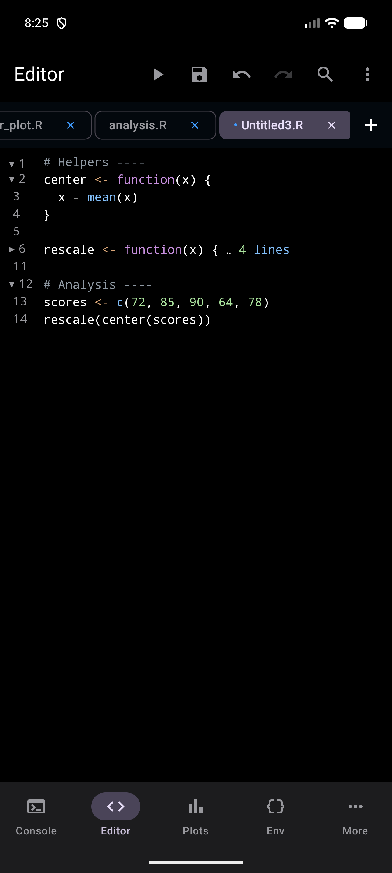 Folded: the rescale function on line 6 shrunk to one line that ends in a “4 lines” placeholder, its triangle now pointing right, with the line numbers jumping from 6 to 11 and the rest of the script still open, in dark mode