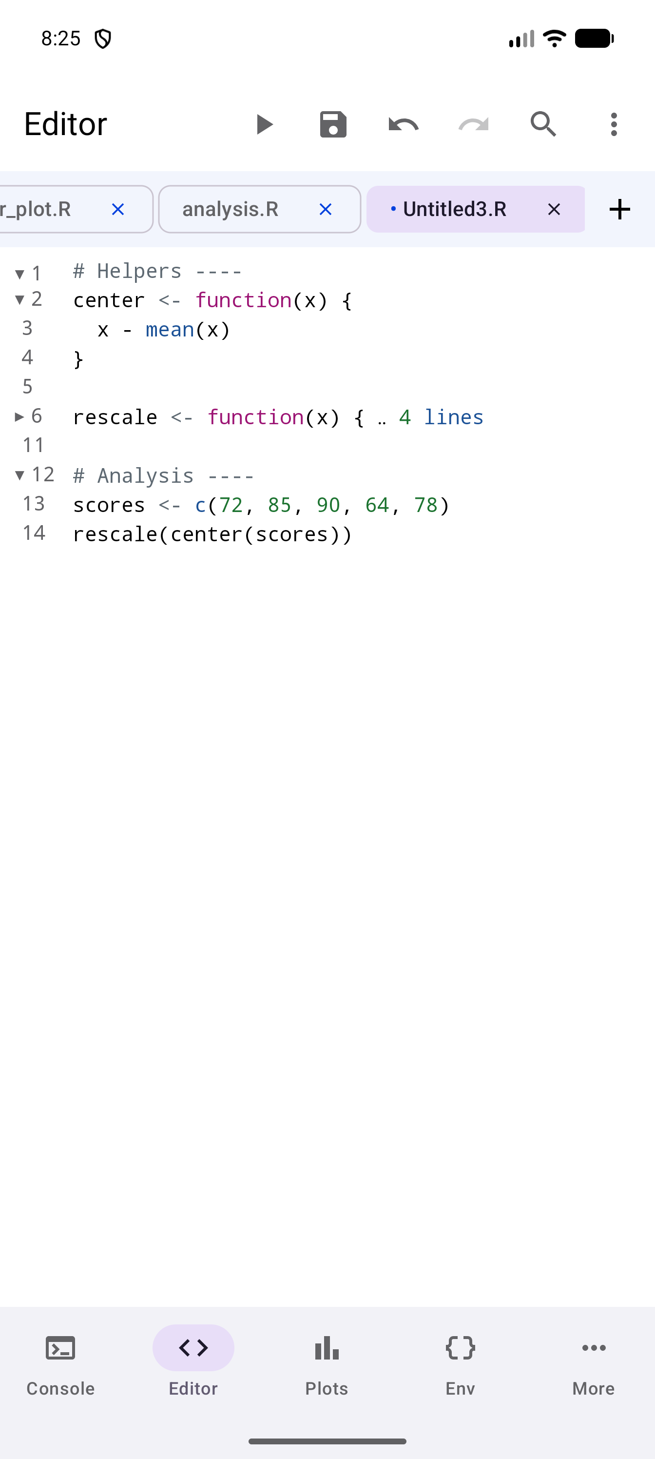 Folded: the rescale function on line 6 shrunk to one line that ends in a “4 lines” placeholder, its triangle now pointing right, with the line numbers jumping from 6 to 11 and the rest of the script still open