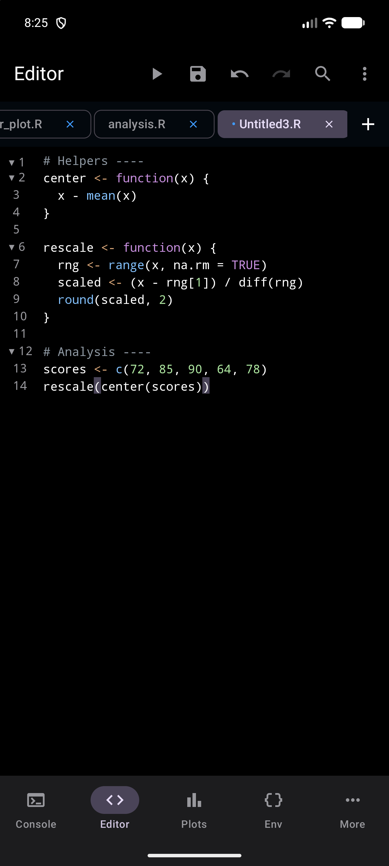 Open: a 14-line script with a Helpers section holding the center and rescale functions and an Analysis section below, with fold triangles beside lines 1, 2, 6 and 12, in dark mode