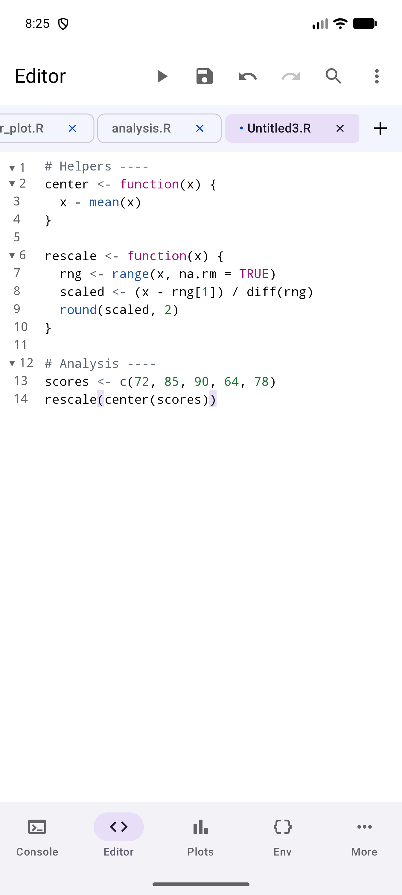 Open: a 14-line script with a Helpers section holding the center and rescale functions and an Analysis section below, with fold triangles beside lines 1, 2, 6 and 12