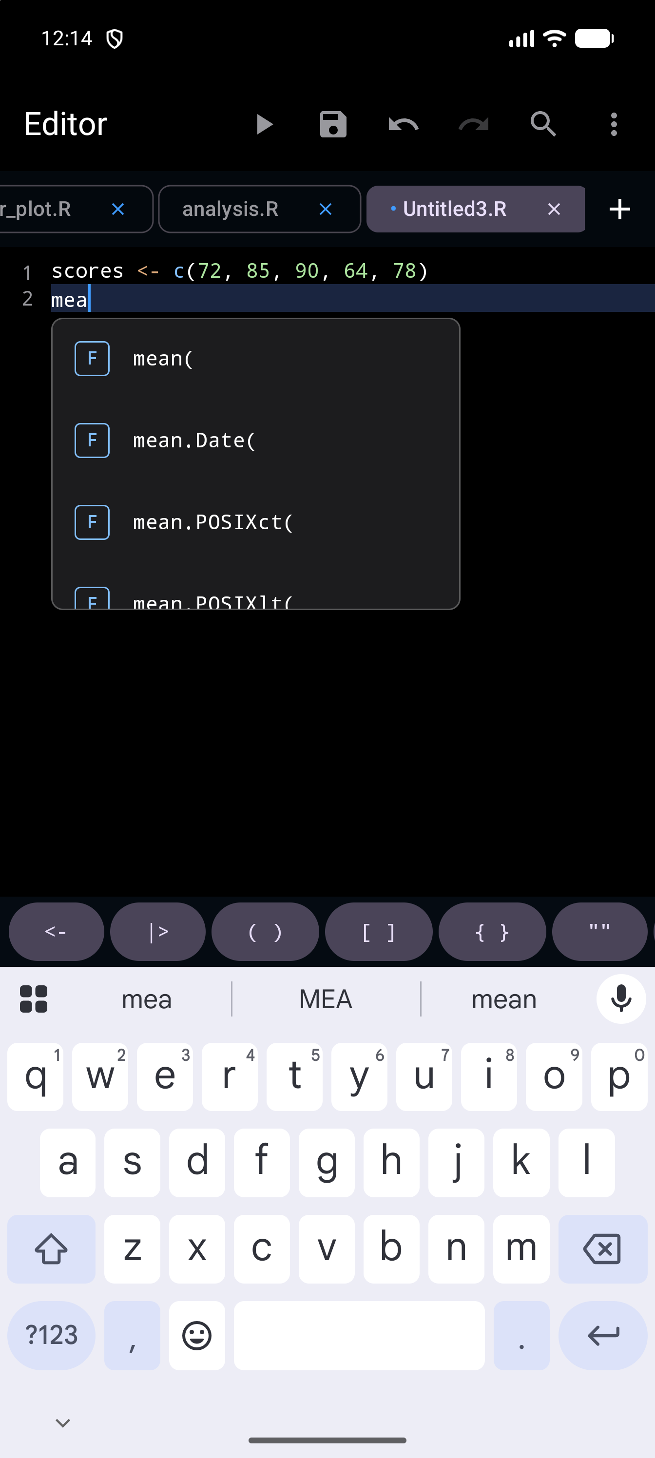 Editor with mea typed on the line after a scores vector, and the completion list open just below that line, lined up with mea, offering mean, mean.Date, mean.POSIXct and more, each shown with its opening bracket and an F badge for function, with the R toolbar and the on-screen keyboard below, in dark mode