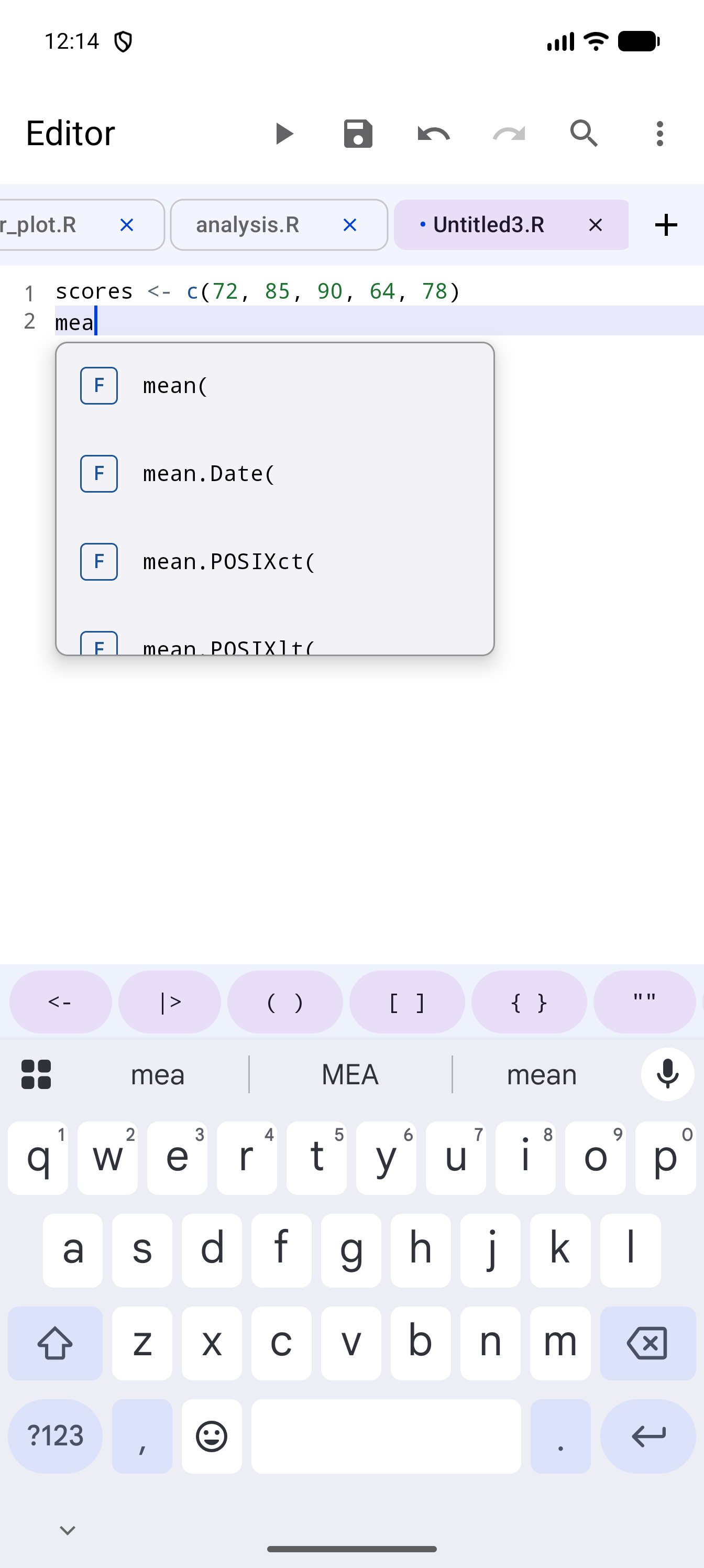 Editor with mea typed on the line after a scores vector, and the completion list open just below that line, lined up with mea, offering mean, mean.Date, mean.POSIXct and more, each shown with its opening bracket and an F badge for function, with the R toolbar and the on-screen keyboard below
