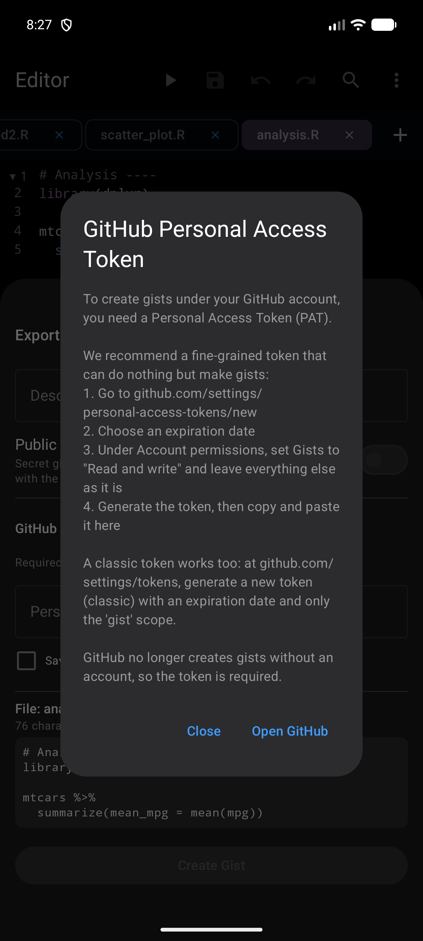 GitHub Personal Access Token help over the gist sheet, with four steps for making a fine-grained token that can only create gists, a note that a classic token with only the gist scope works too, and Close and Open GitHub buttons, in dark mode
