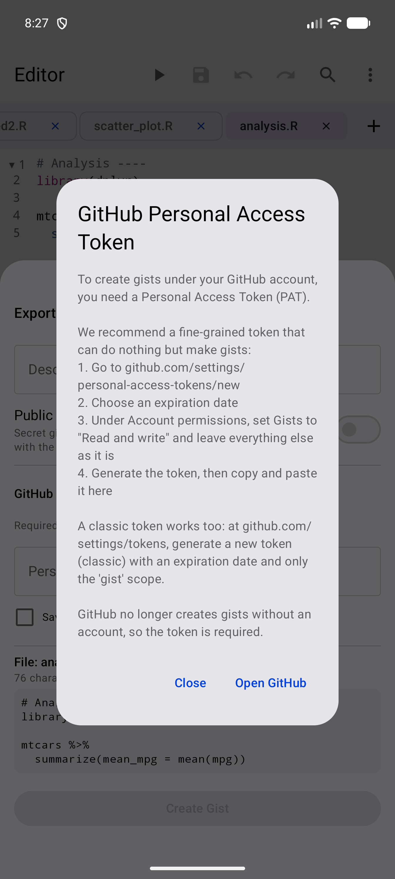 GitHub Personal Access Token help over the gist sheet, with four steps for making a fine-grained token that can only create gists, a note that a classic token with only the gist scope works too, and Close and Open GitHub buttons
