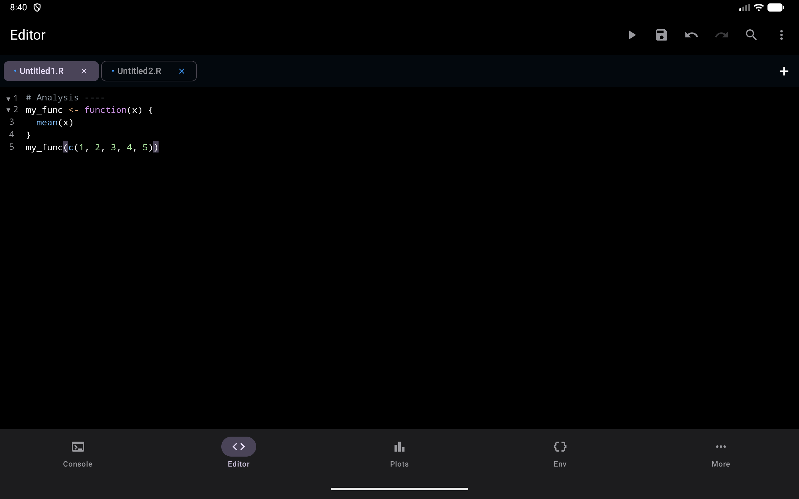 Editor with multiple tabs and R code, on a tablet, in dark mode