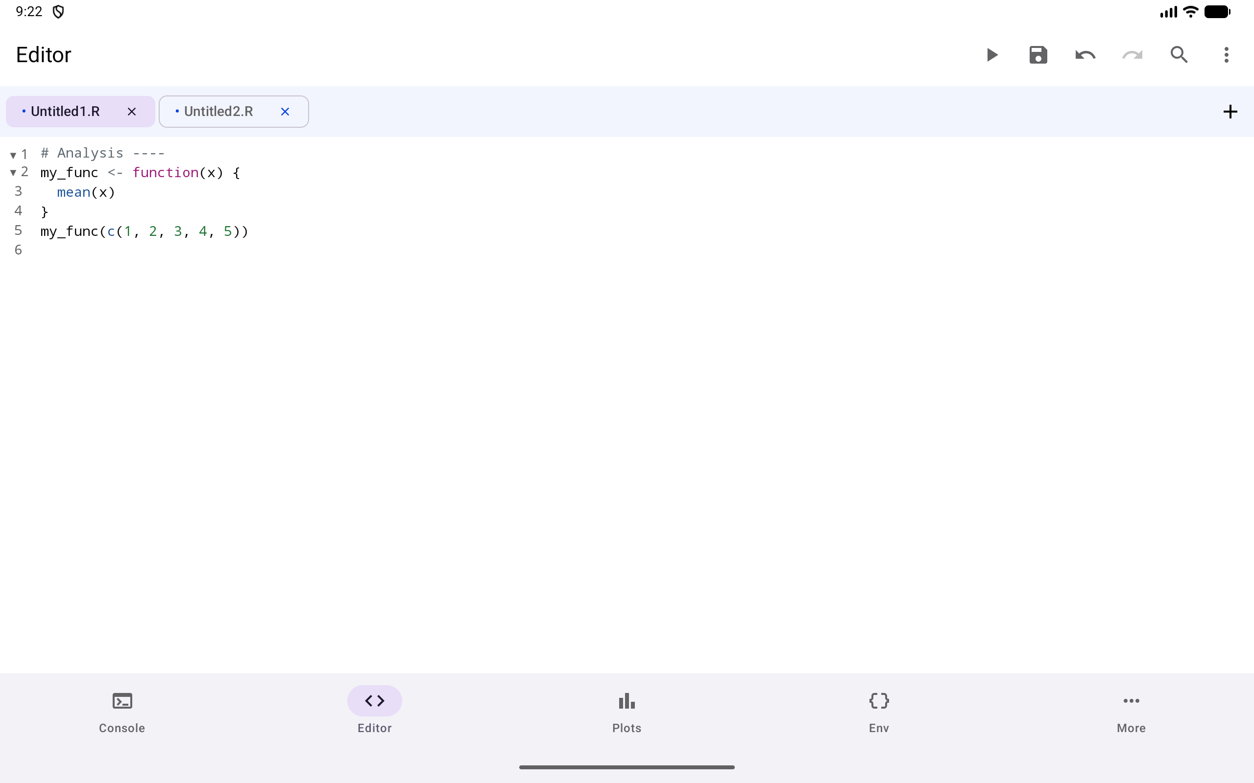 Editor with multiple tabs and R code, on a tablet