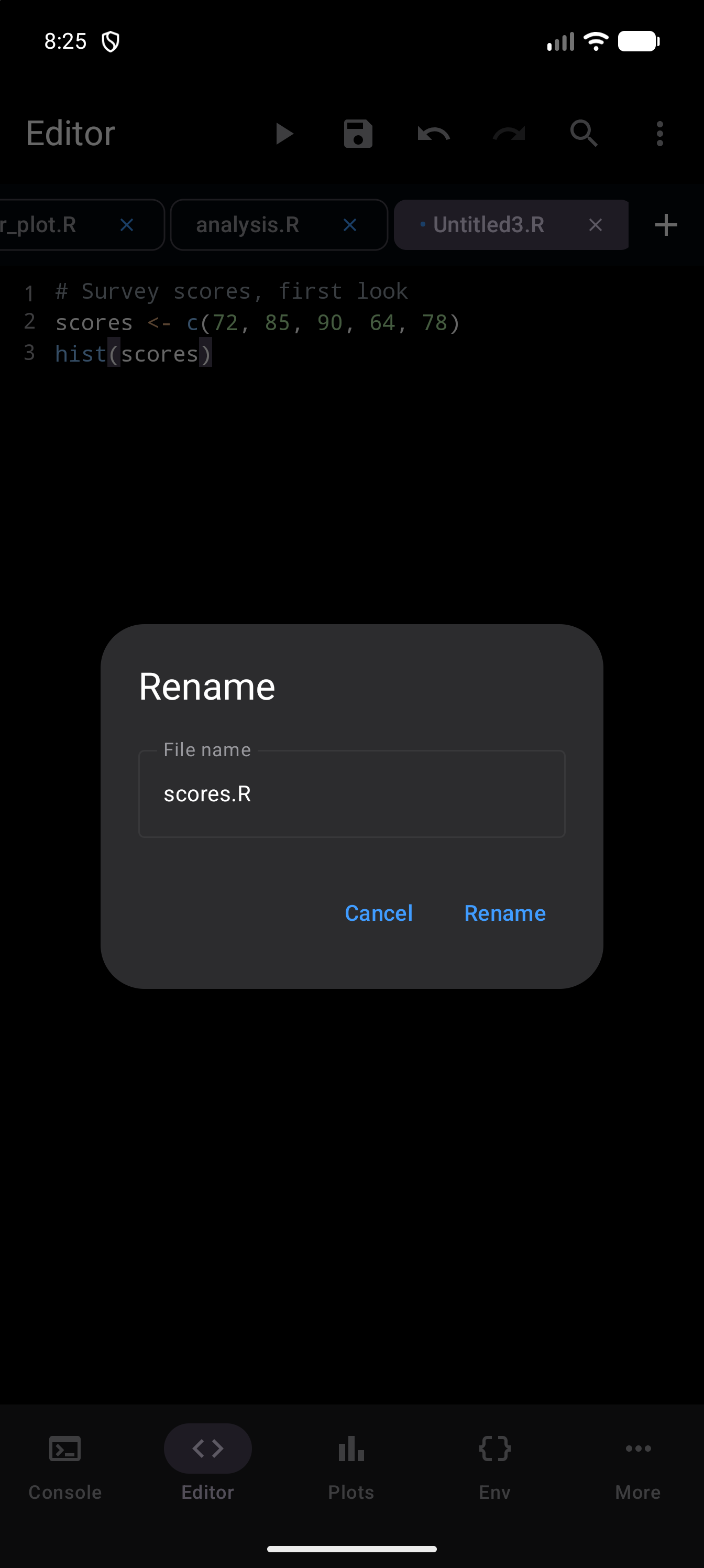 Rename dialog for the new script Untitled3.R, with scores.R typed in the File name field and the Rename button ready to tap, in dark mode
