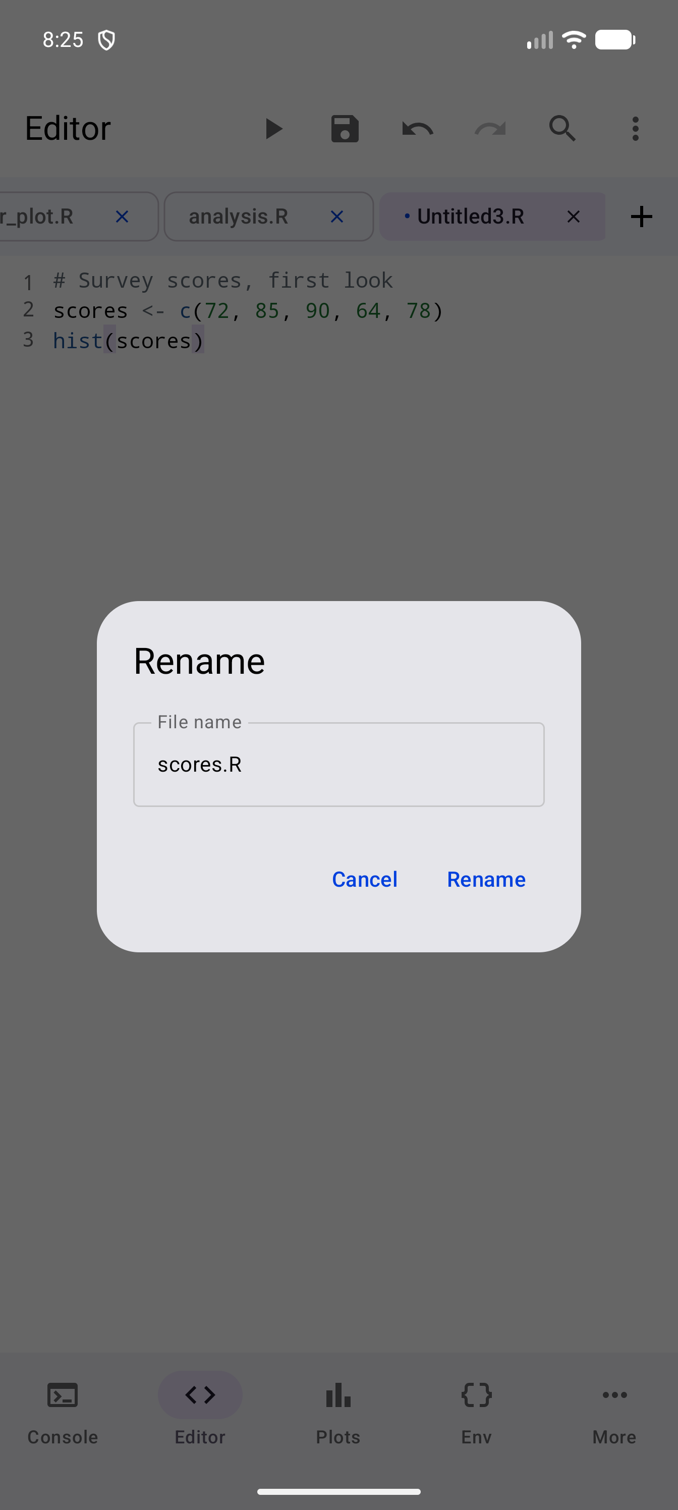 Rename dialog for the new script Untitled3.R, with scores.R typed in the File name field and the Rename button ready to tap