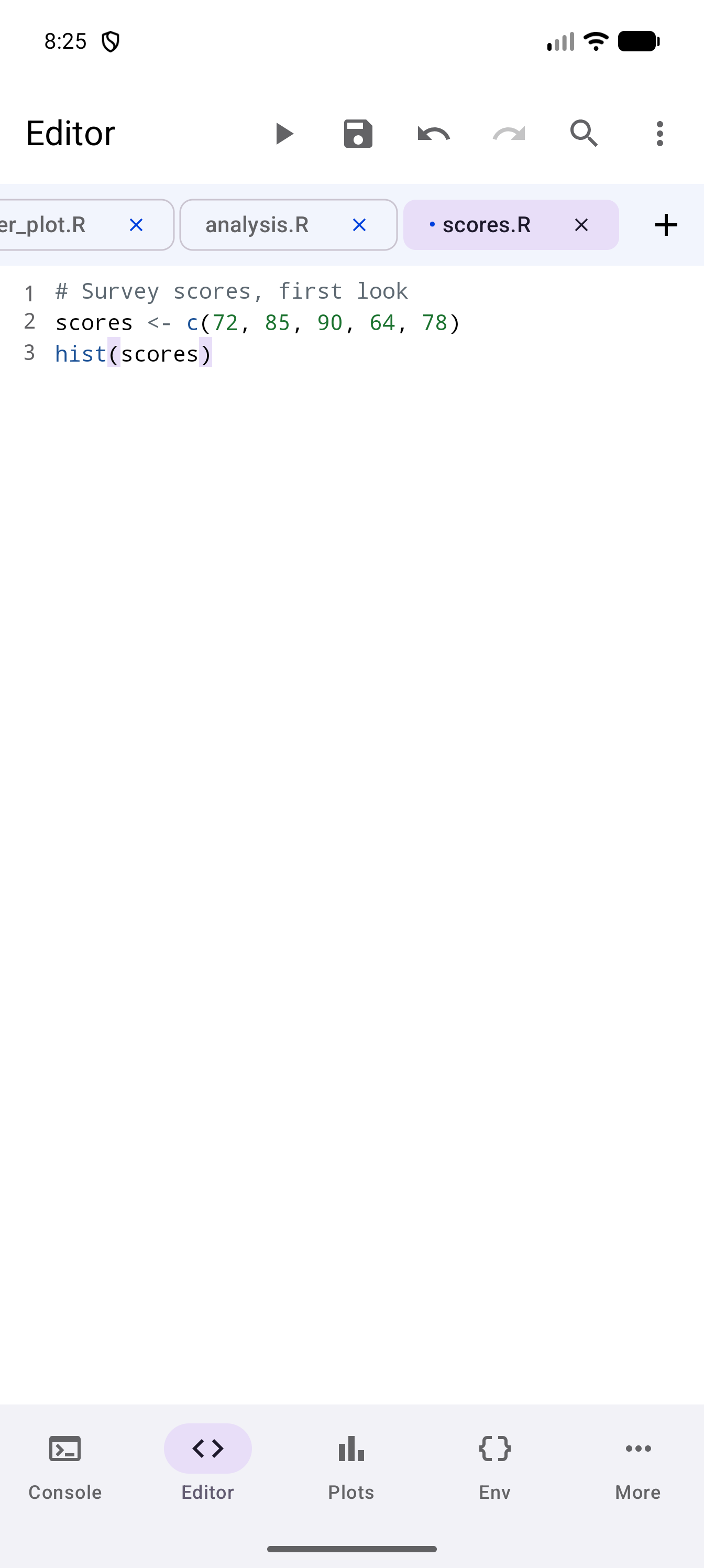 The same script after the rename, its tab now called scores.R and still marked with a dot for unsaved changes