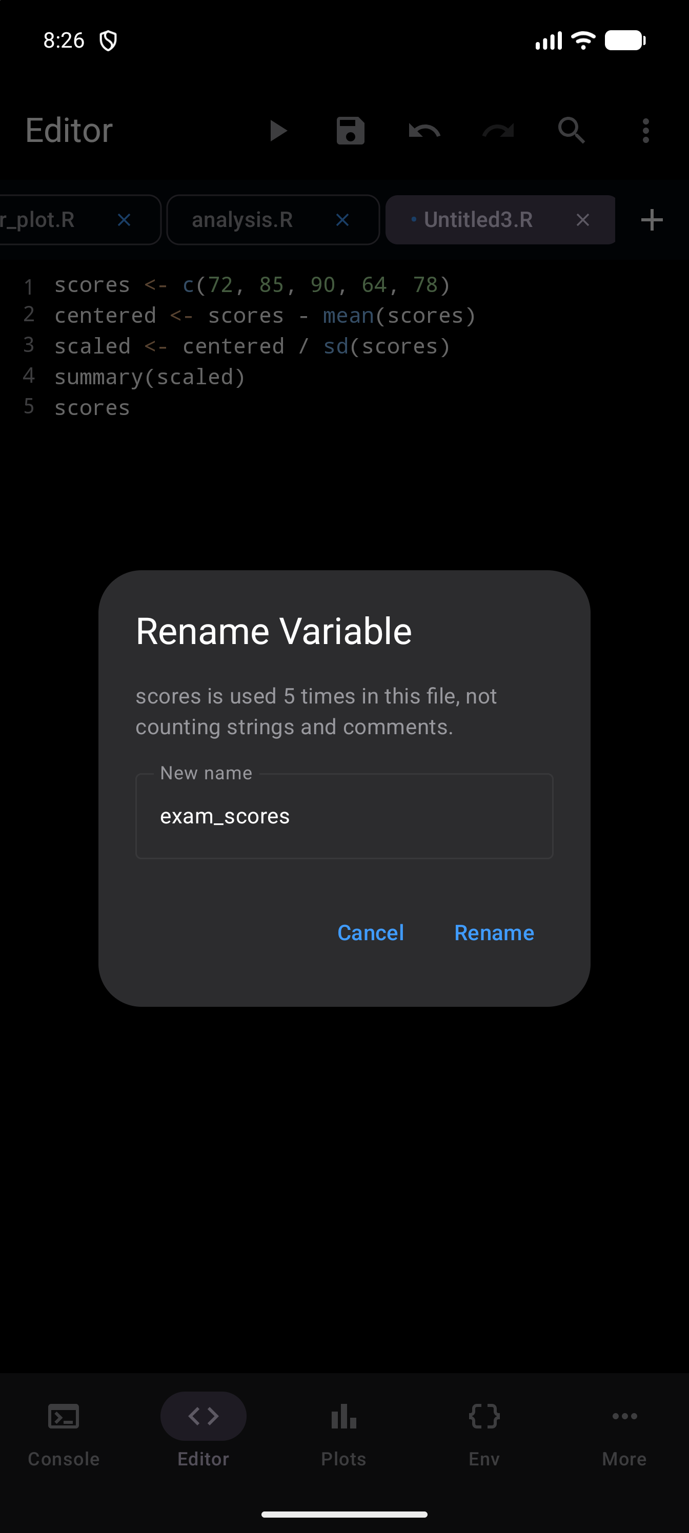 Rename Variable dialog saying “scores is used 5 times in this file, not counting strings and comments”, with exam_scores typed as the new name and Rename ready to tap, in dark mode