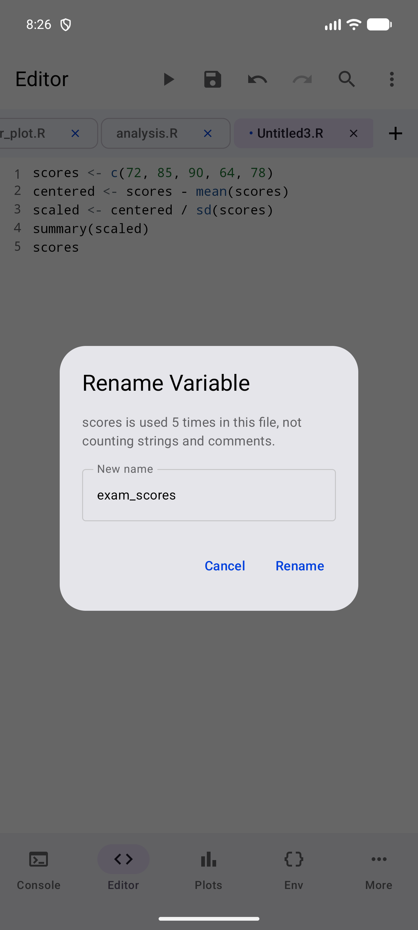 Rename Variable dialog saying “scores is used 5 times in this file, not counting strings and comments”, with exam_scores typed as the new name and Rename ready to tap