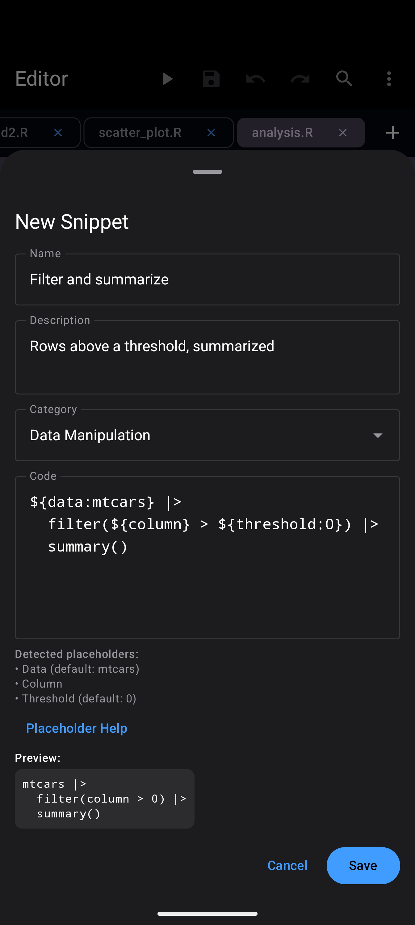 New Snippet sheet for Filter and summarize, in the Data Manipulation category, with the placeholders its template uses listed below it and a preview of the code with their defaults filled in, in dark mode