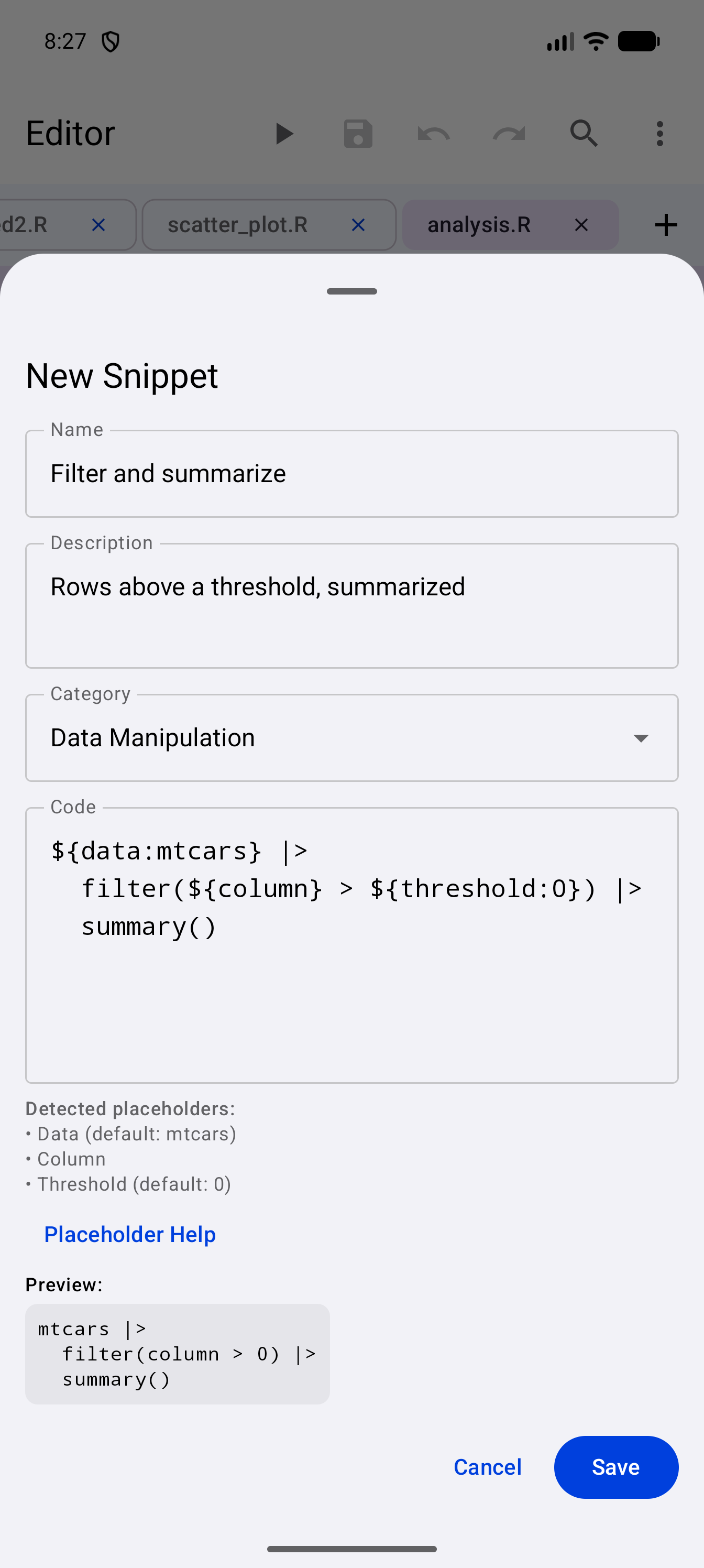 New Snippet sheet for Filter and summarize, in the Data Manipulation category, with the placeholders its template uses listed below it and a preview of the code with their defaults filled in