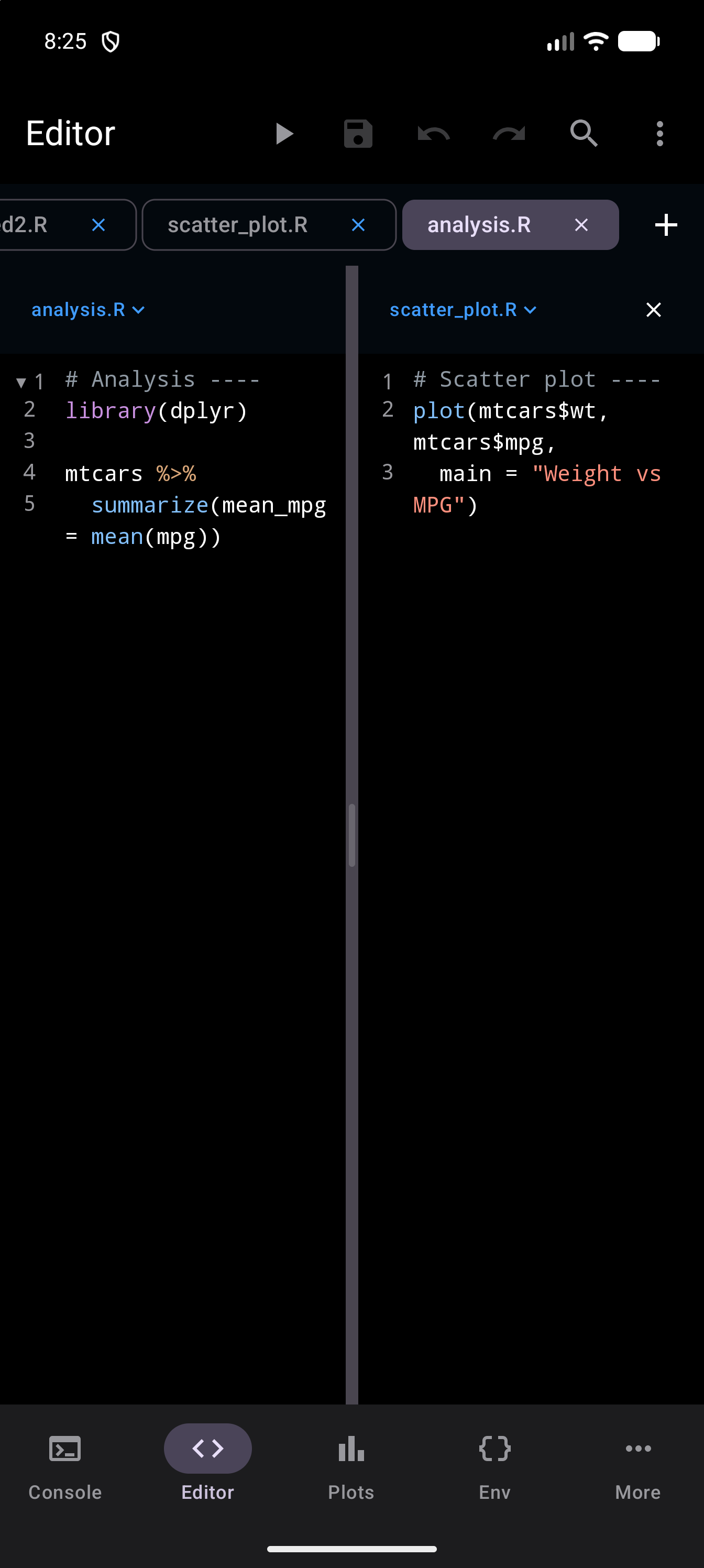 Editor split into two panes on a phone held upright, analysis.R on the left and scatter_plot.R on the right, each under a header naming its file, with the divider halfway across and an X in the right pane’s header, in dark mode