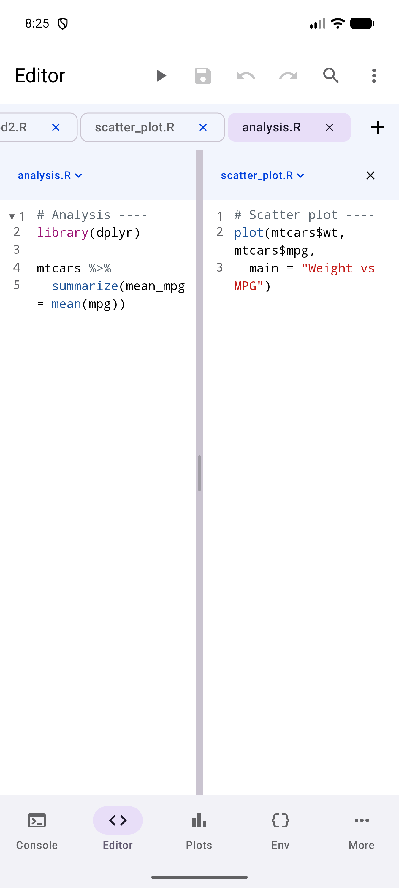 Editor split into two panes on a phone held upright, analysis.R on the left and scatter_plot.R on the right, each under a header naming its file, with the divider halfway across and an X in the right pane’s header