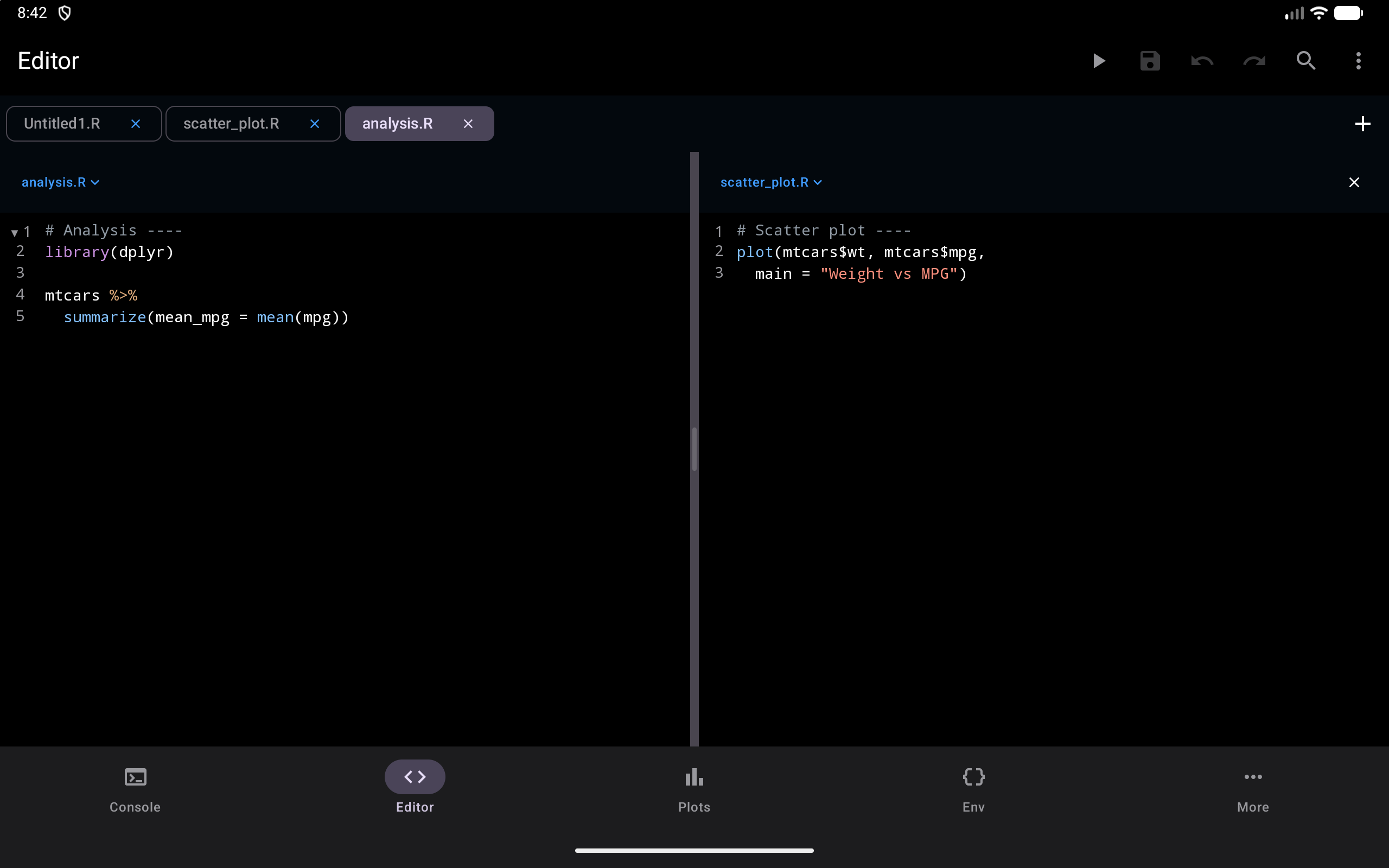Editor split into two panes on a tablet, analysis.R on the left and scatter_plot.R on the right, each under a header naming its file, in dark mode