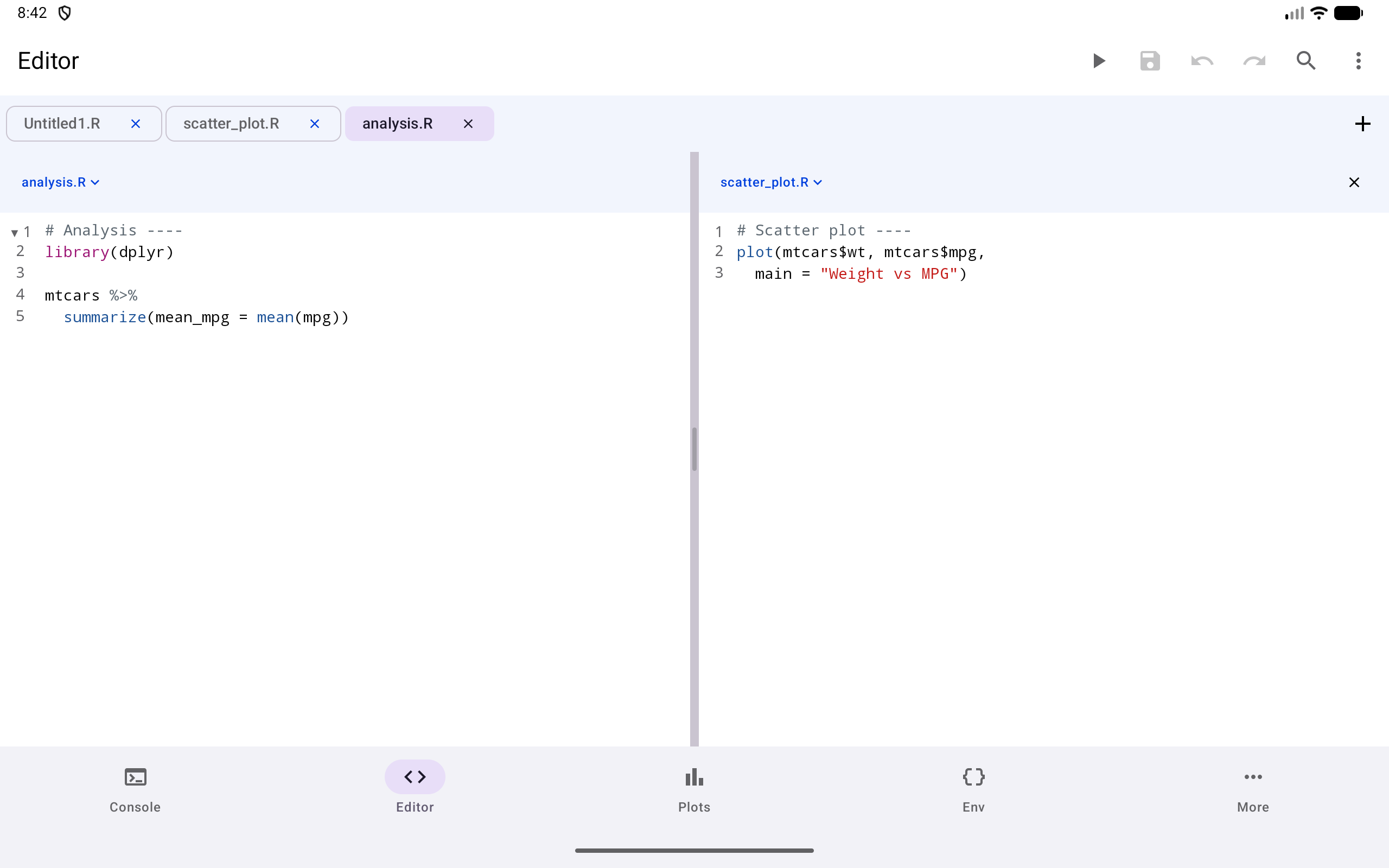 Editor split into two panes on a tablet, analysis.R on the left and scatter_plot.R on the right, each under a header naming its file
