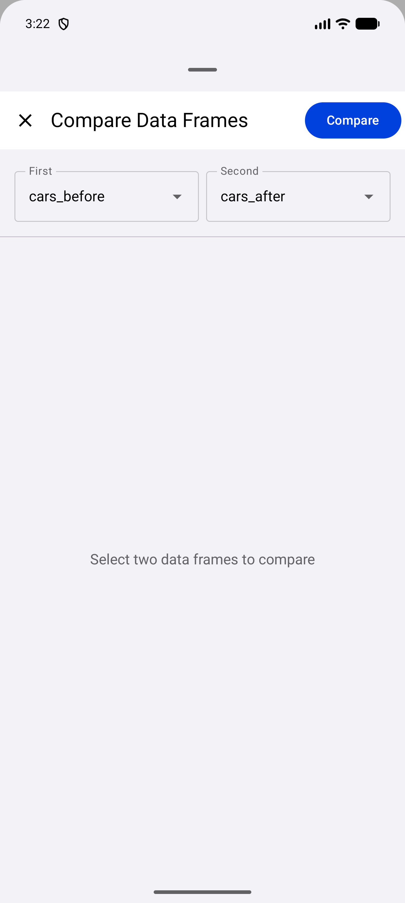 Compare Data Frames sheet with cars_before picked as the First data frame and cars_after as the Second, before Compare at the top right is tapped. The space below still reads “Select two data frames to compare”