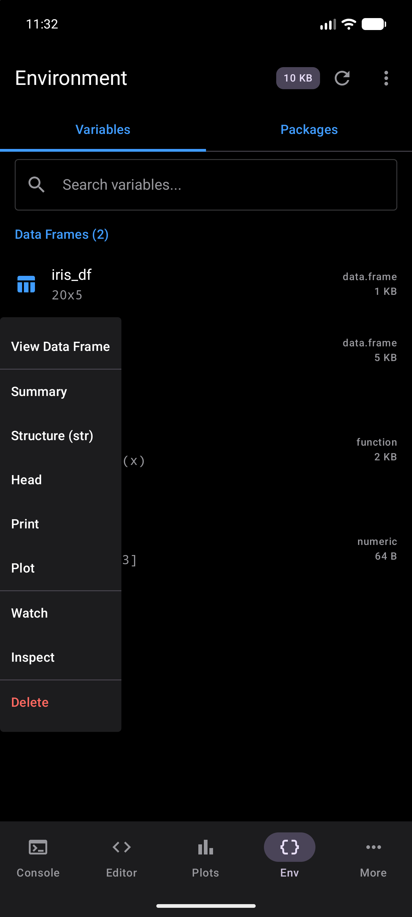 The Environment’s Variables tab with the long-press menu open under the iris_df data frame, listing View Data Frame, Summary, Structure (str), Head, Print, Plot, Watch, Inspect and, in red, Delete, in dark mode