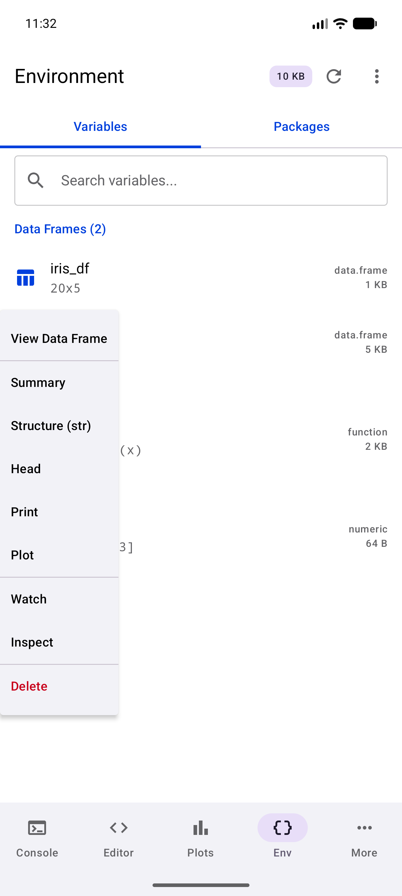 The Environment’s Variables tab with the long-press menu open under the iris_df data frame, listing View Data Frame, Summary, Structure (str), Head, Print, Plot, Watch, Inspect and, in red, Delete