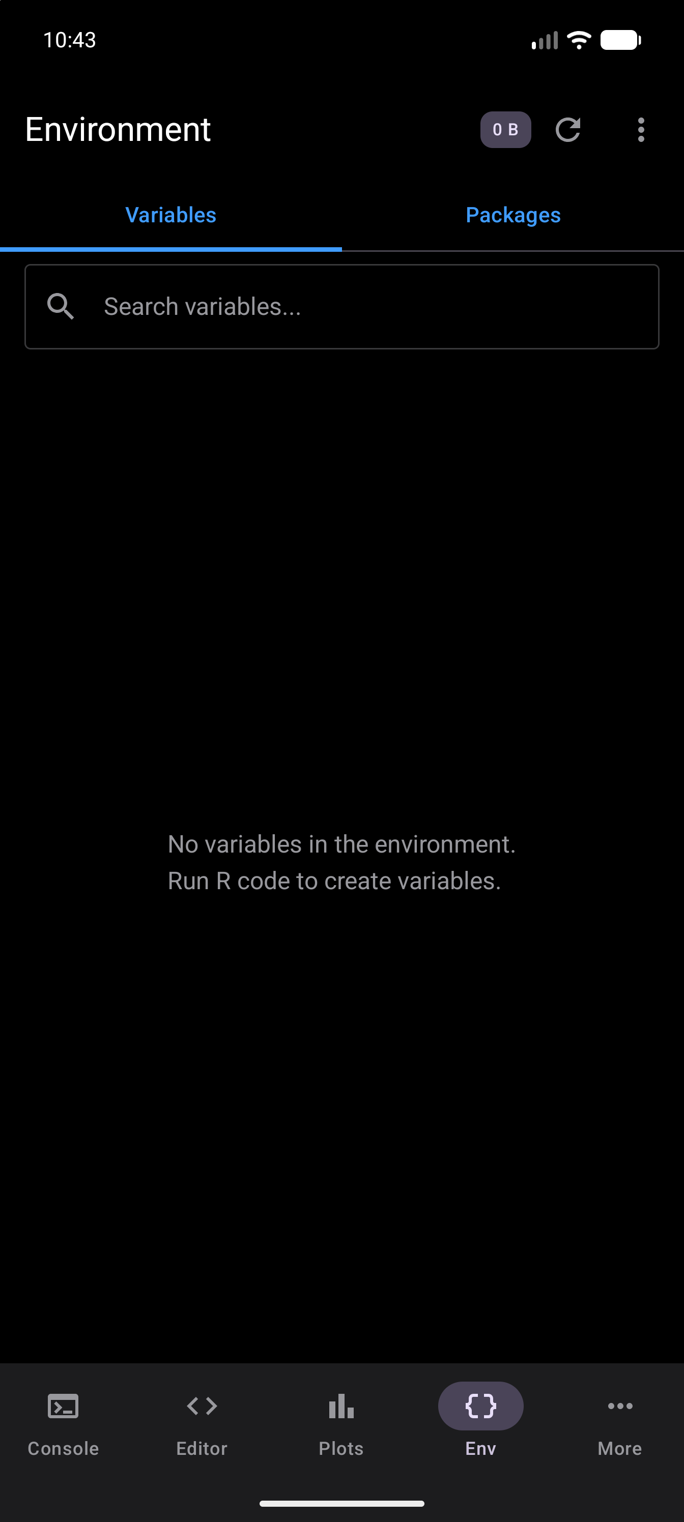 Empty Environment screen before any variables have been created, in dark mode