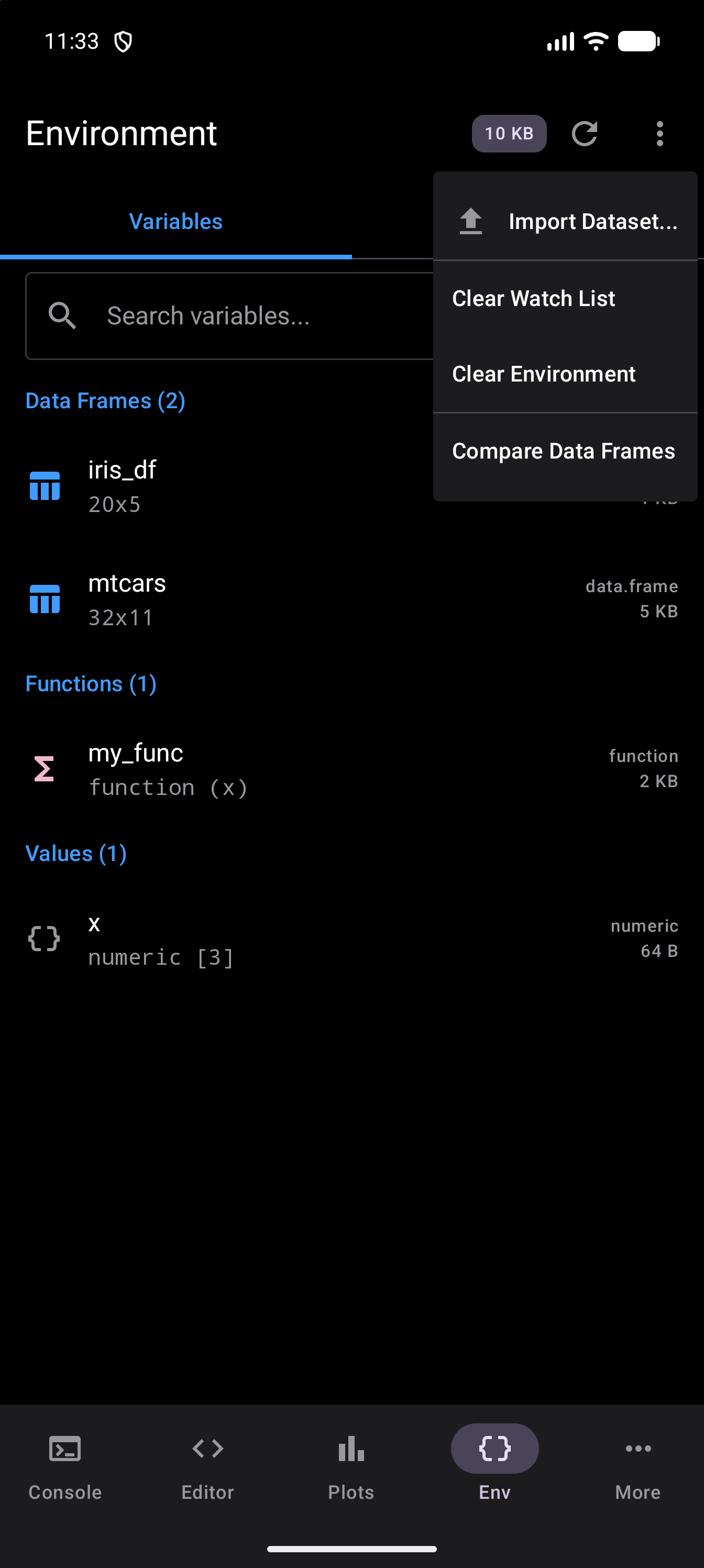 The Environment screen with the title bar’s three-dot menu open, listing Import Dataset…, Clear Watch List, Clear Environment and Compare Data Frames, in dark mode
