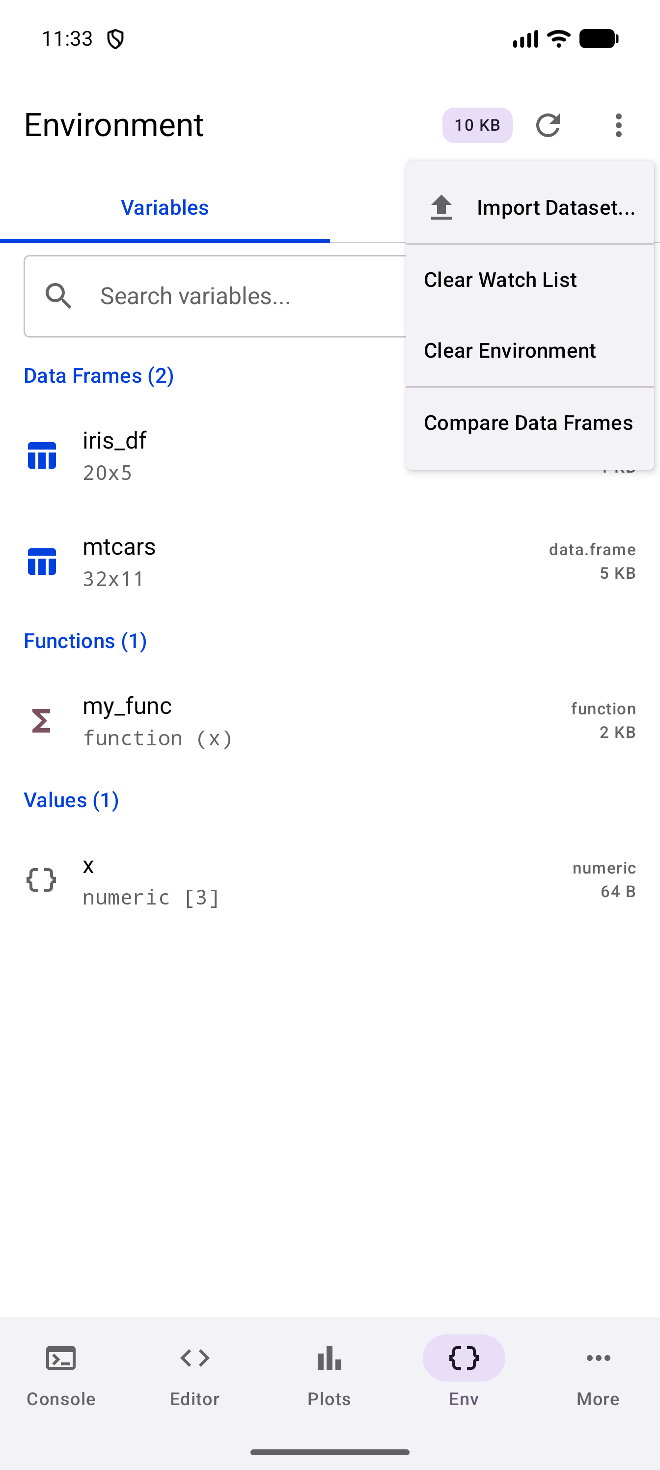 The Environment screen with the title bar’s three-dot menu open, listing Import Dataset…, Clear Watch List, Clear Environment and Compare Data Frames