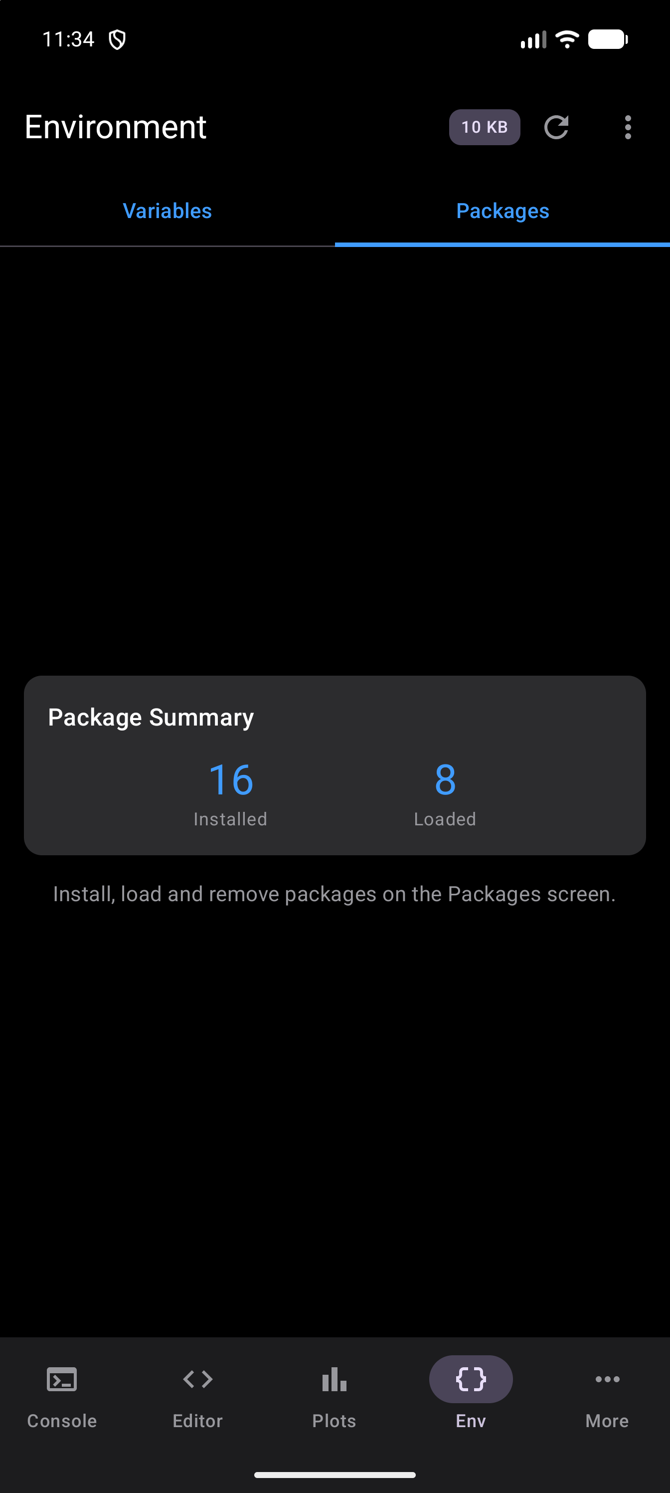 The Environment’s Packages tab, with a Package Summary card showing 16 installed and 8 loaded packages and, under it, the line “Install, load and remove packages on the Packages screen.”, in dark mode