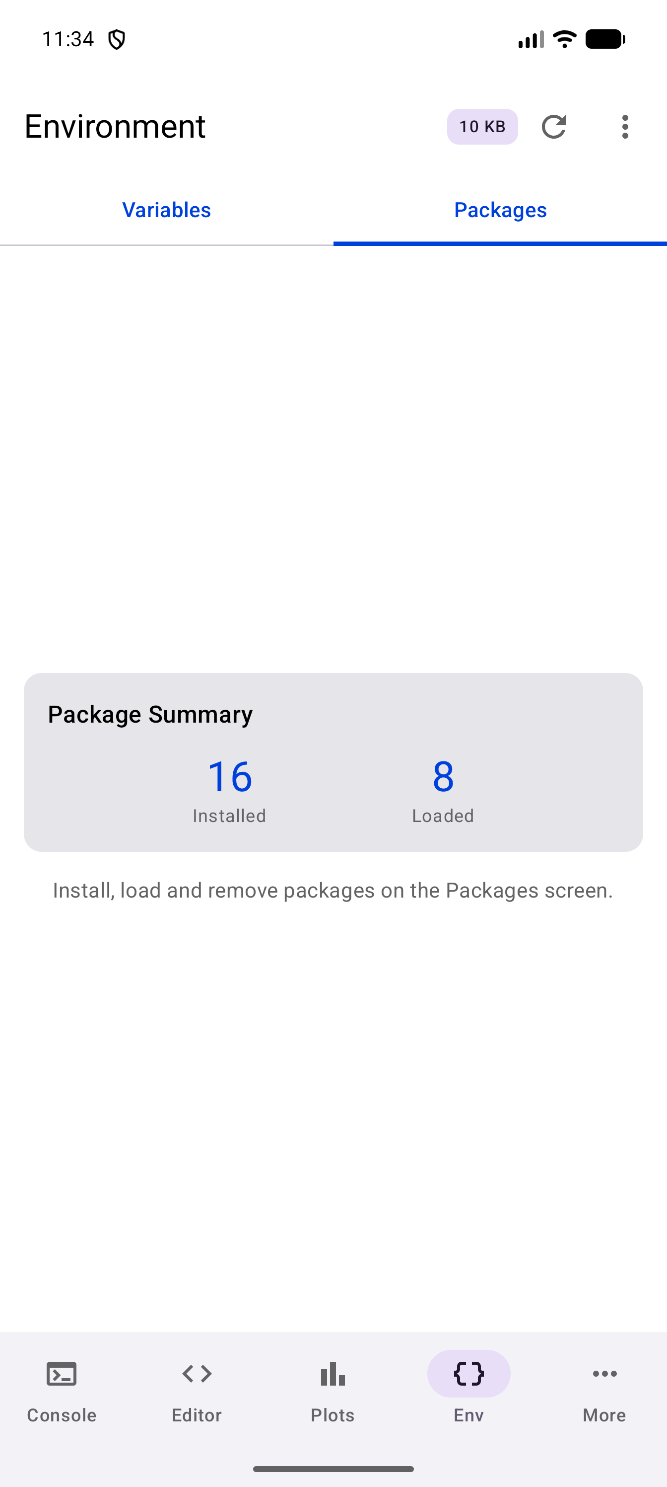 The Environment’s Packages tab, with a Package Summary card showing 16 installed and 8 loaded packages and, under it, the line “Install, load and remove packages on the Packages screen.”