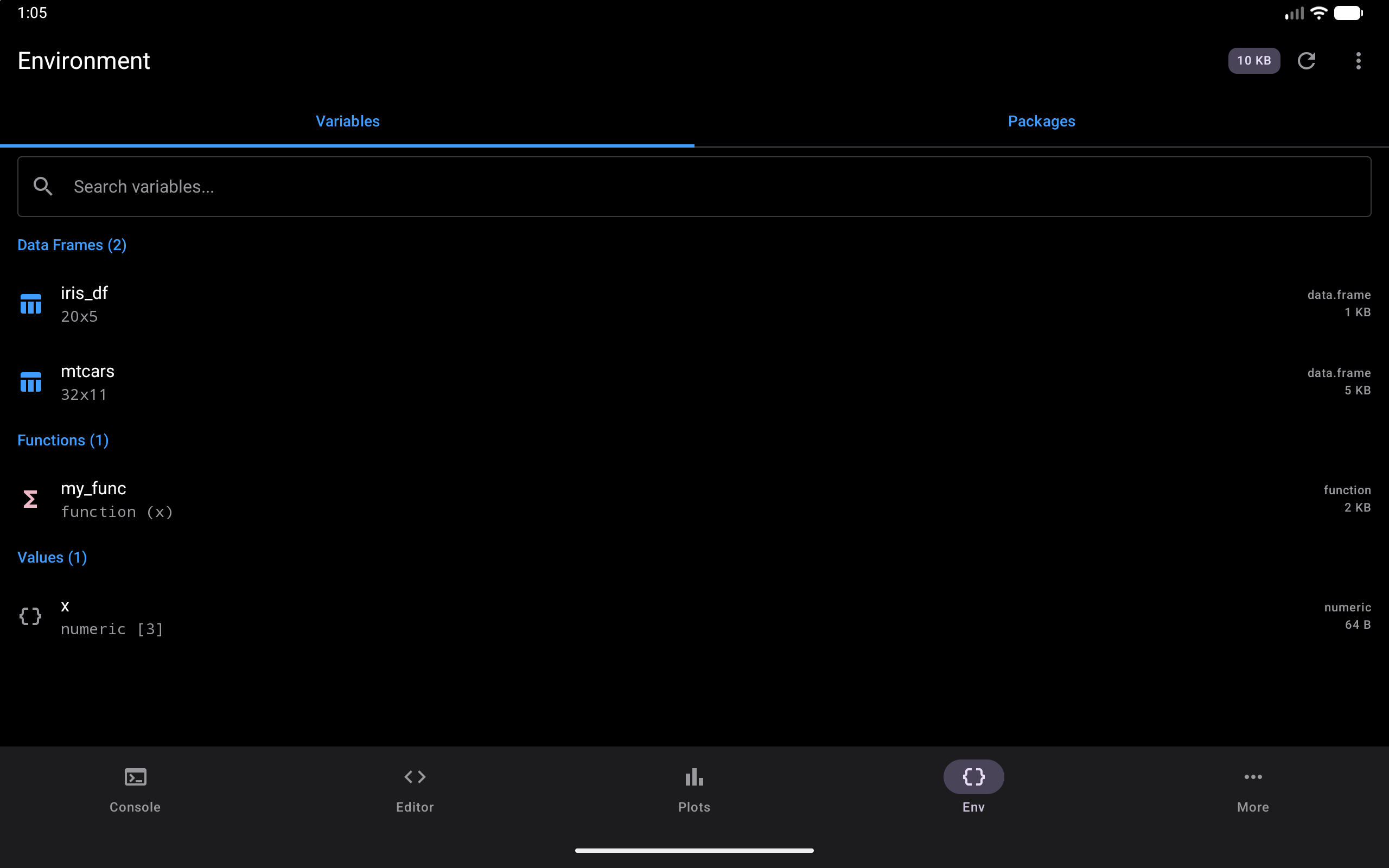 Environment with variables grouped by type, on a tablet, in dark mode