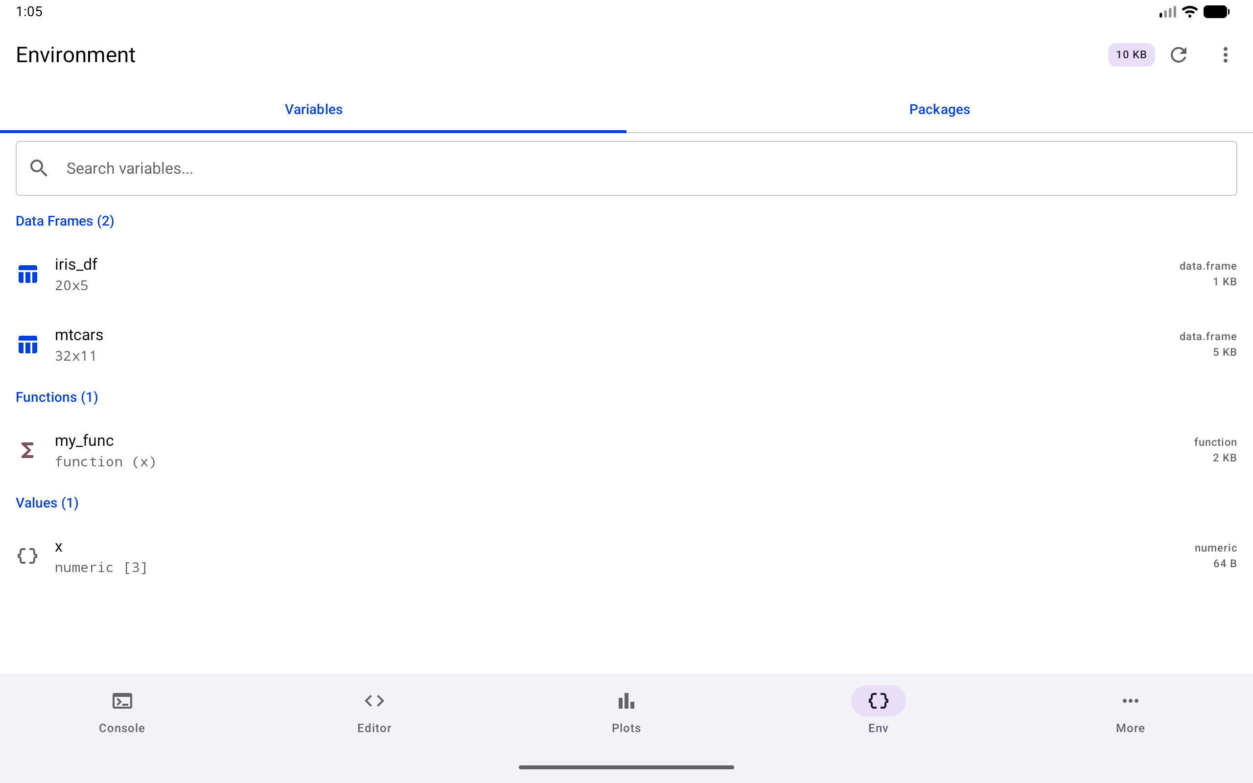 Environment with variables grouped by type, on a tablet