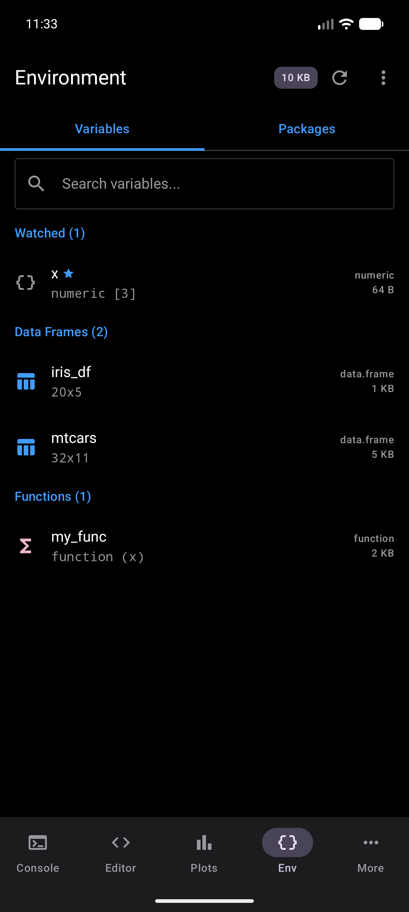 The Environment’s Variables tab with x in a Watched (1) section at the top and a star beside its name, above Data Frames (2) with iris_df and mtcars and Functions (1) with my_func, in dark mode
