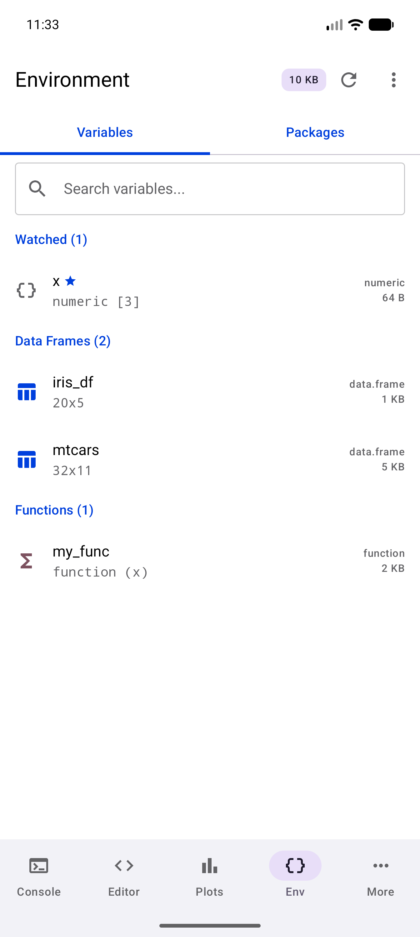 The Environment’s Variables tab with x in a Watched (1) section at the top and a star beside its name, above Data Frames (2) with iris_df and mtcars and Functions (1) with my_func