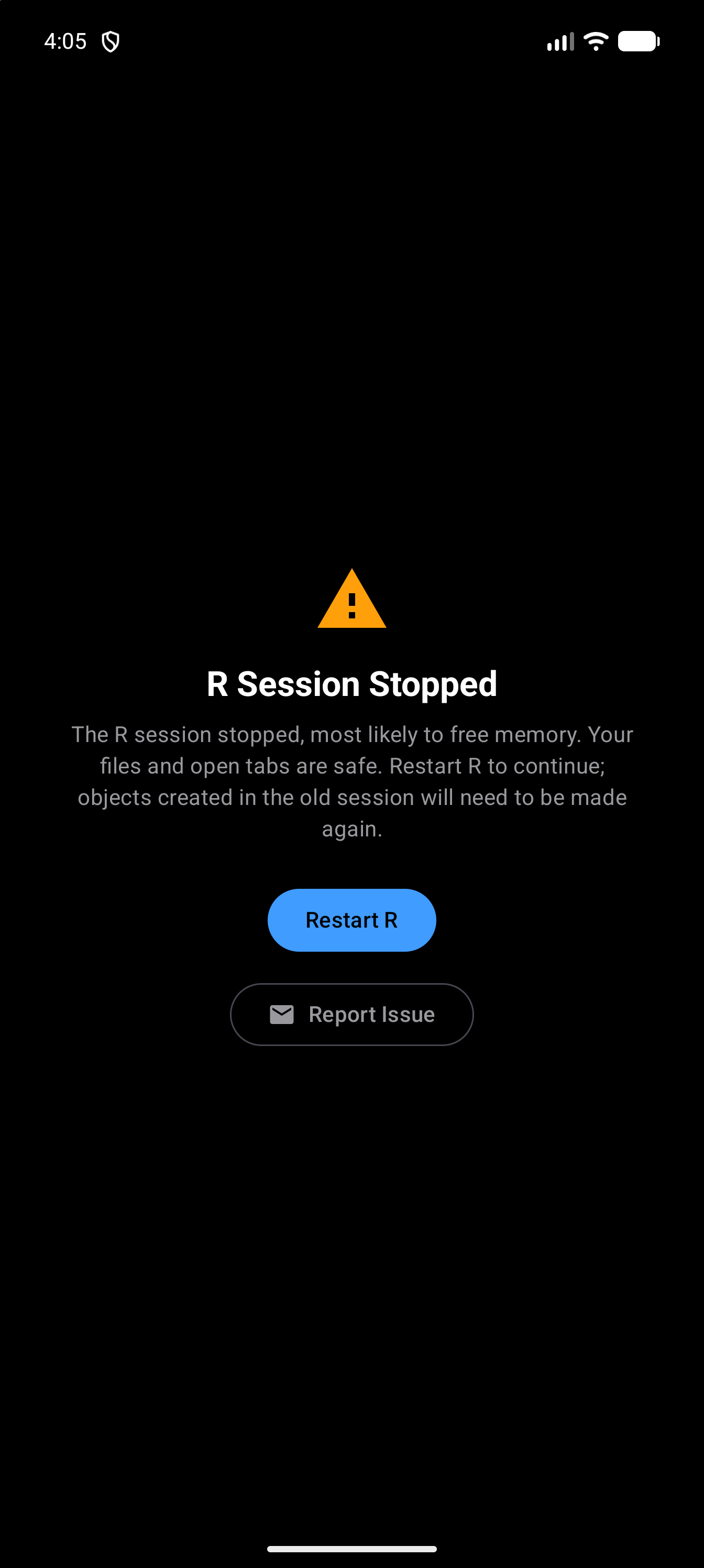 R Session Stopped screen with a warning icon, saying the R session stopped, most likely to free memory, and that your files and open tabs are safe, with Restart R and Report Issue buttons, in dark mode